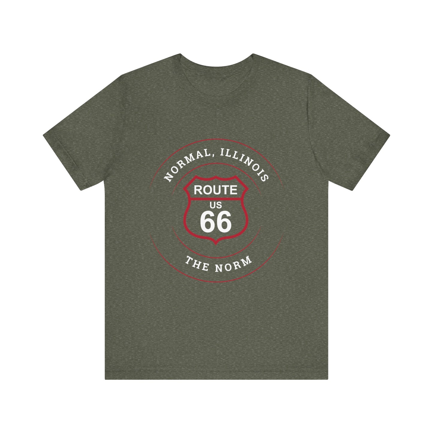 Heather military green retro Route 66 unisex jersey tee with Normal, IL: "The Norm" design