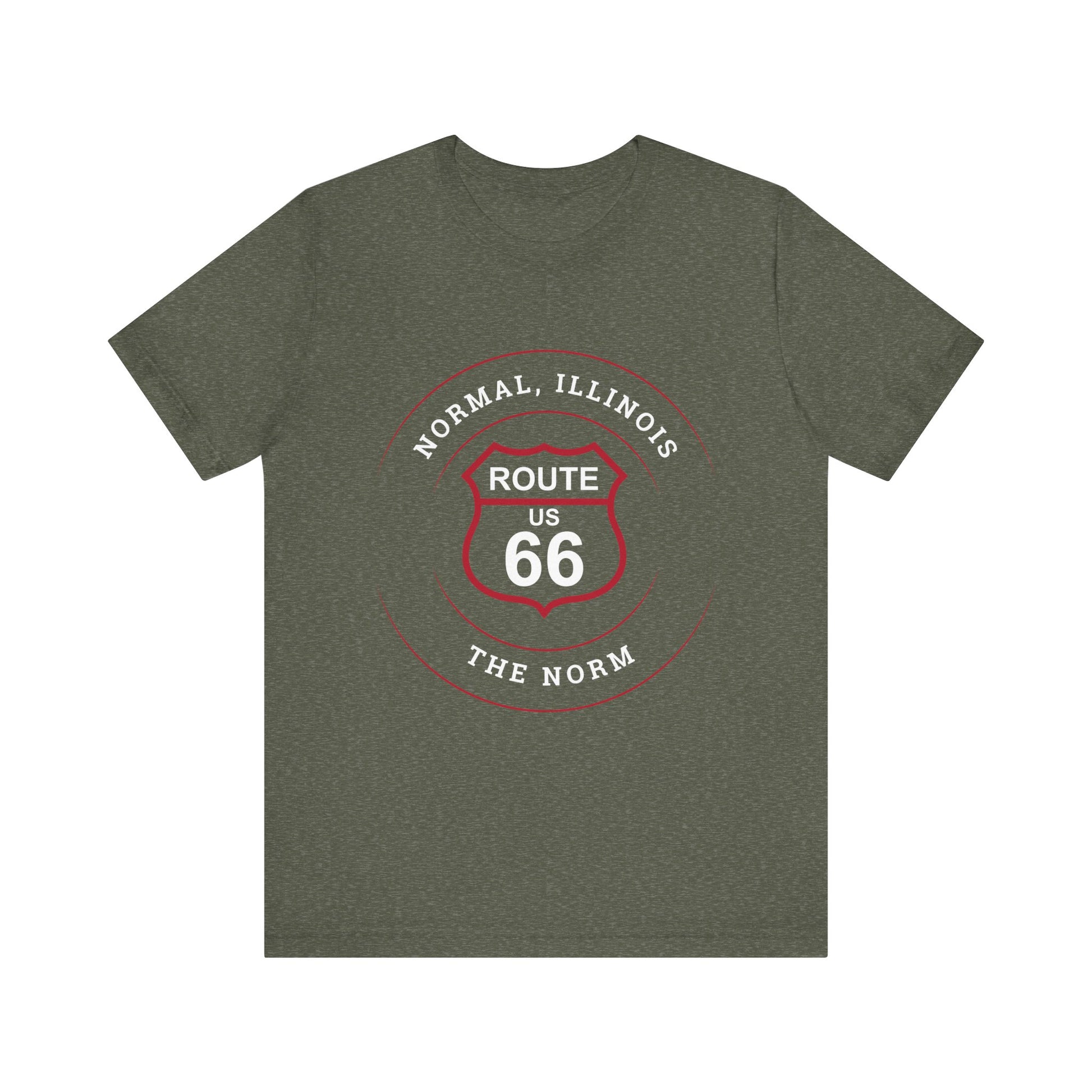 Heather military green retro Route 66 unisex jersey tee with Normal, IL: "The Norm" design