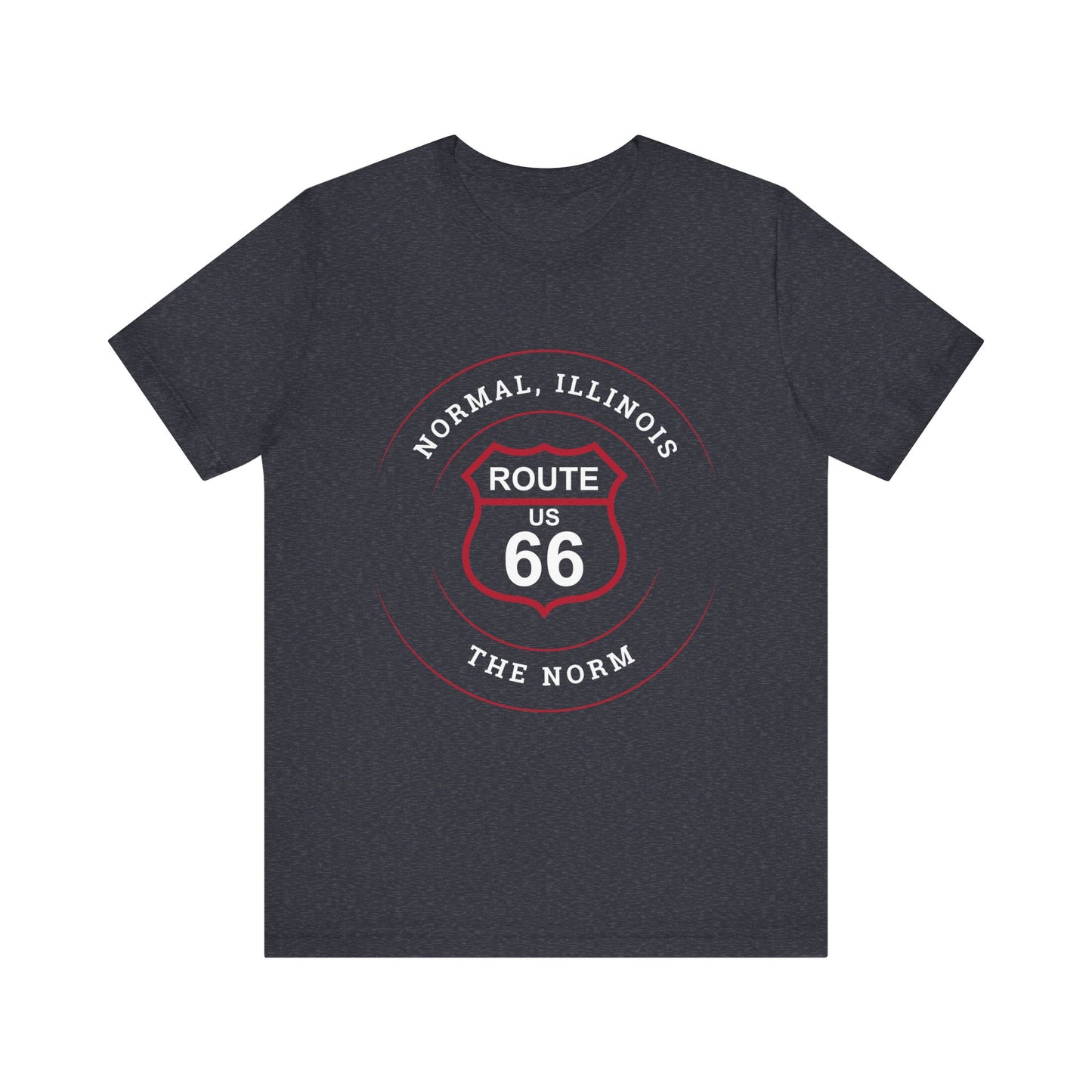 Heather navy retro Route 66 unisex jersey tee with Normal, IL: "The Norm" design