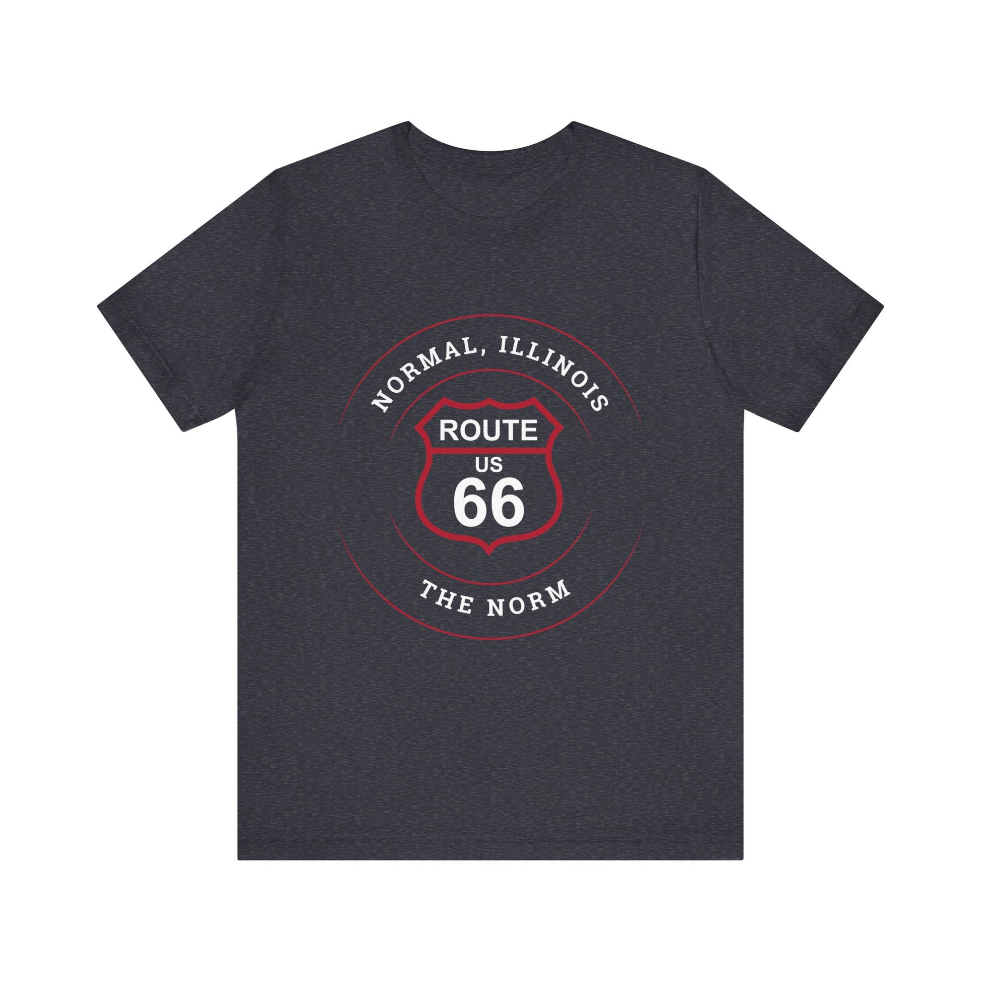 Heather navy retro Route 66 unisex jersey tee with Normal, IL: "The Norm" design