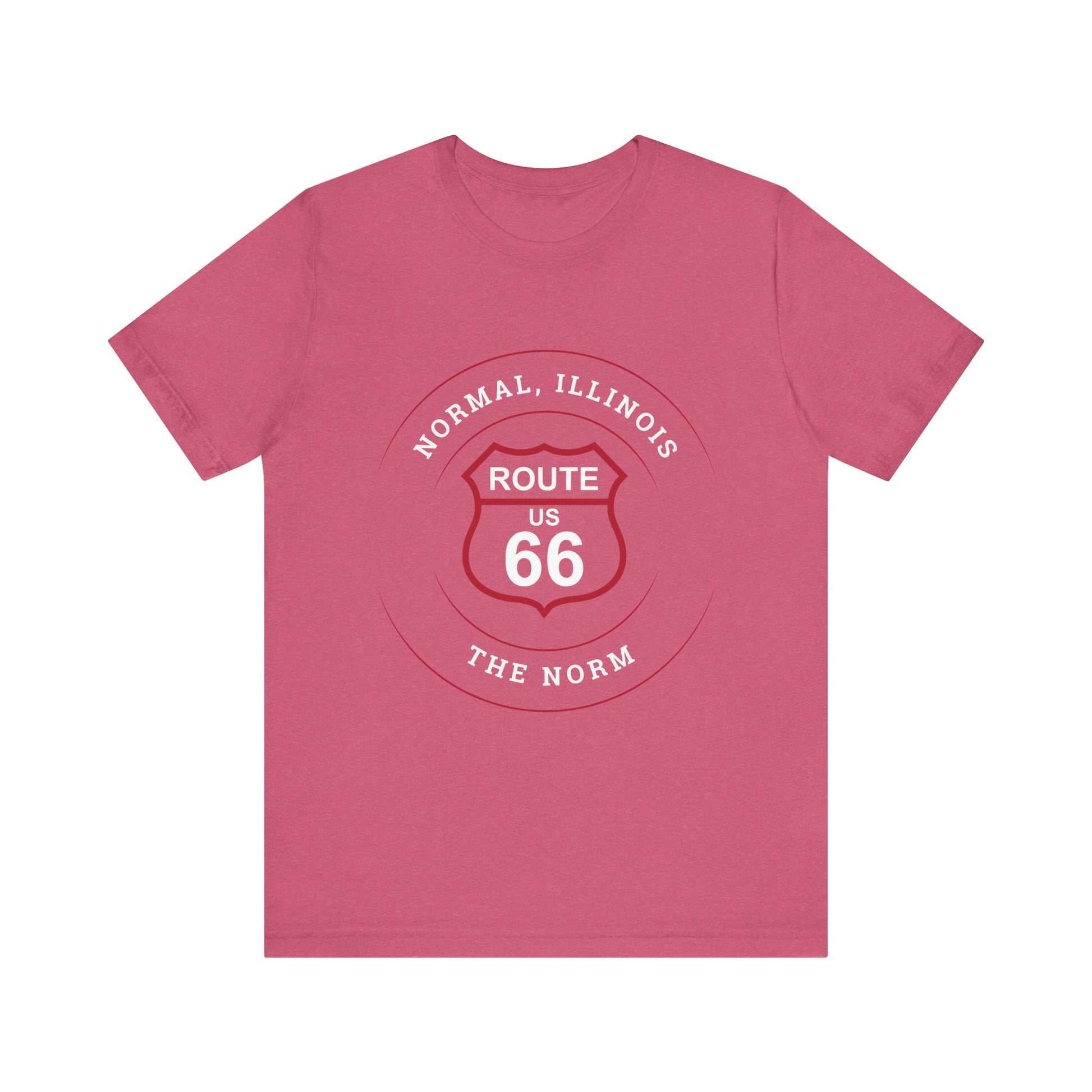 Heather raspberry retro Route 66 unisex jersey tee with Normal, IL: "The Norm" design