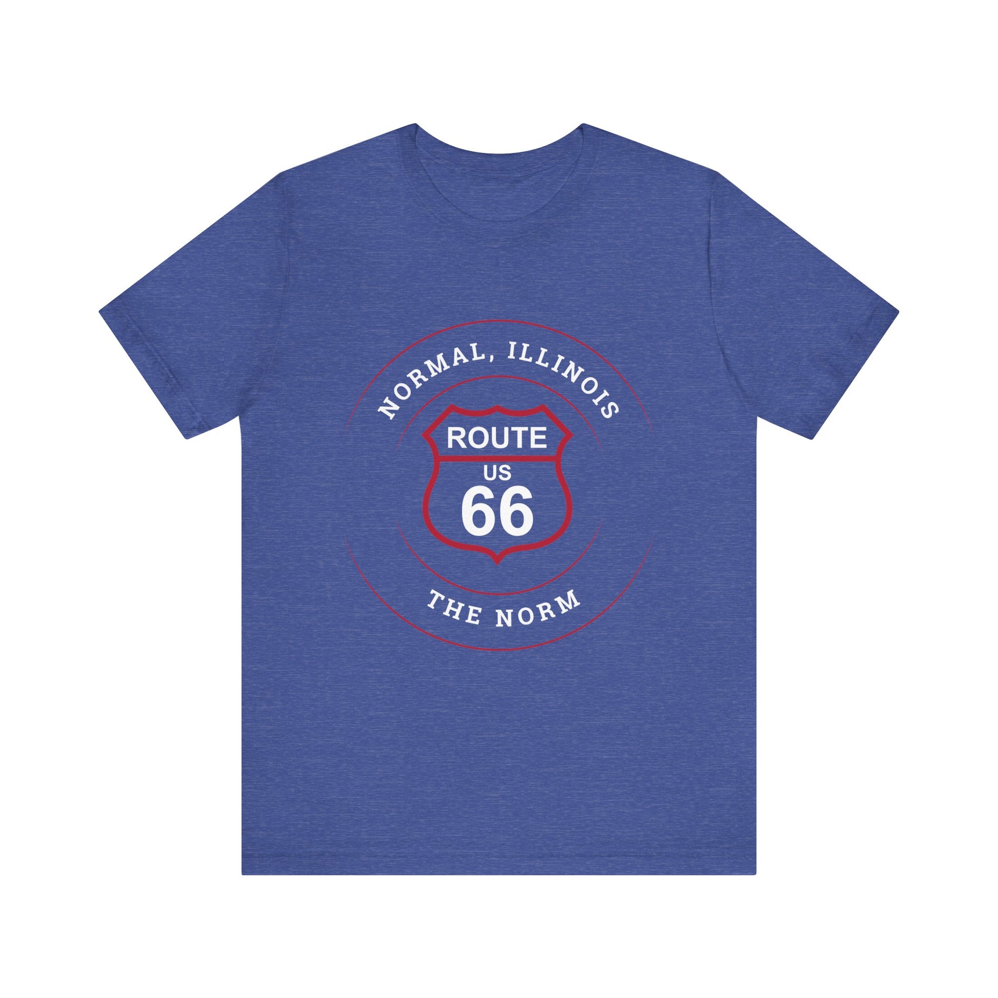 Heather true royal retro Route 66 unisex jersey tee with Normal, IL: "The Norm" design