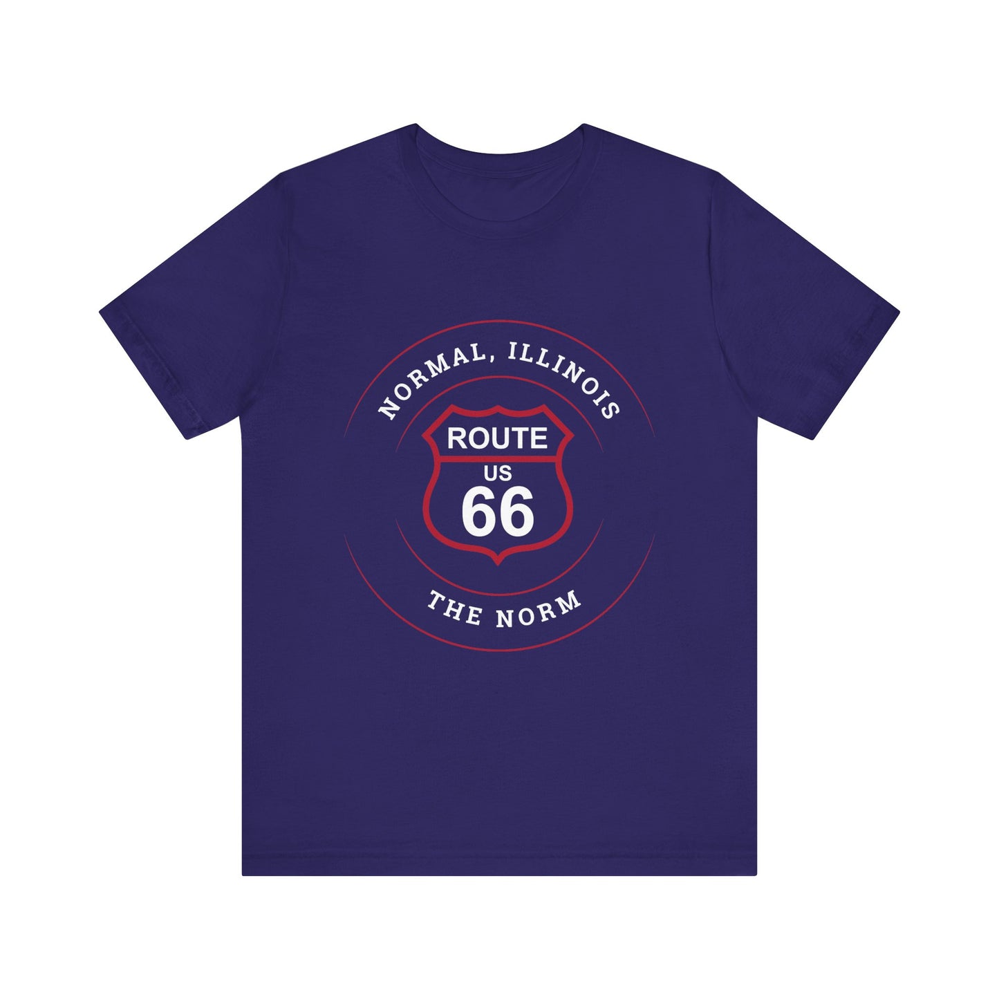Team navy retro Route 66 unisex jersey tee with Normal, IL: "The Norm" design