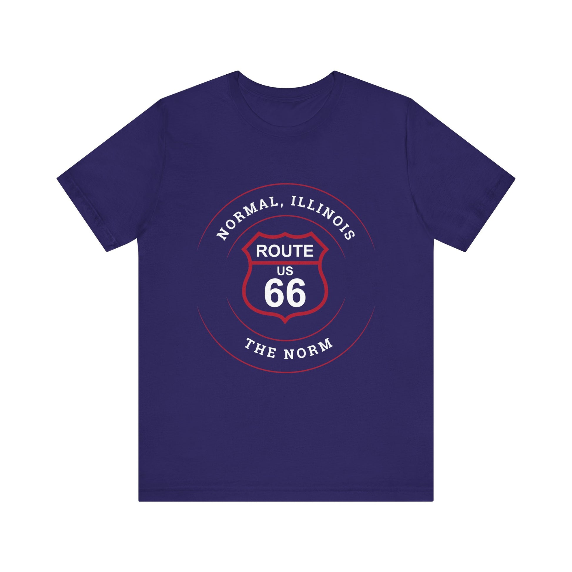 Team navy retro Route 66 unisex jersey tee with Normal, IL: "The Norm" design