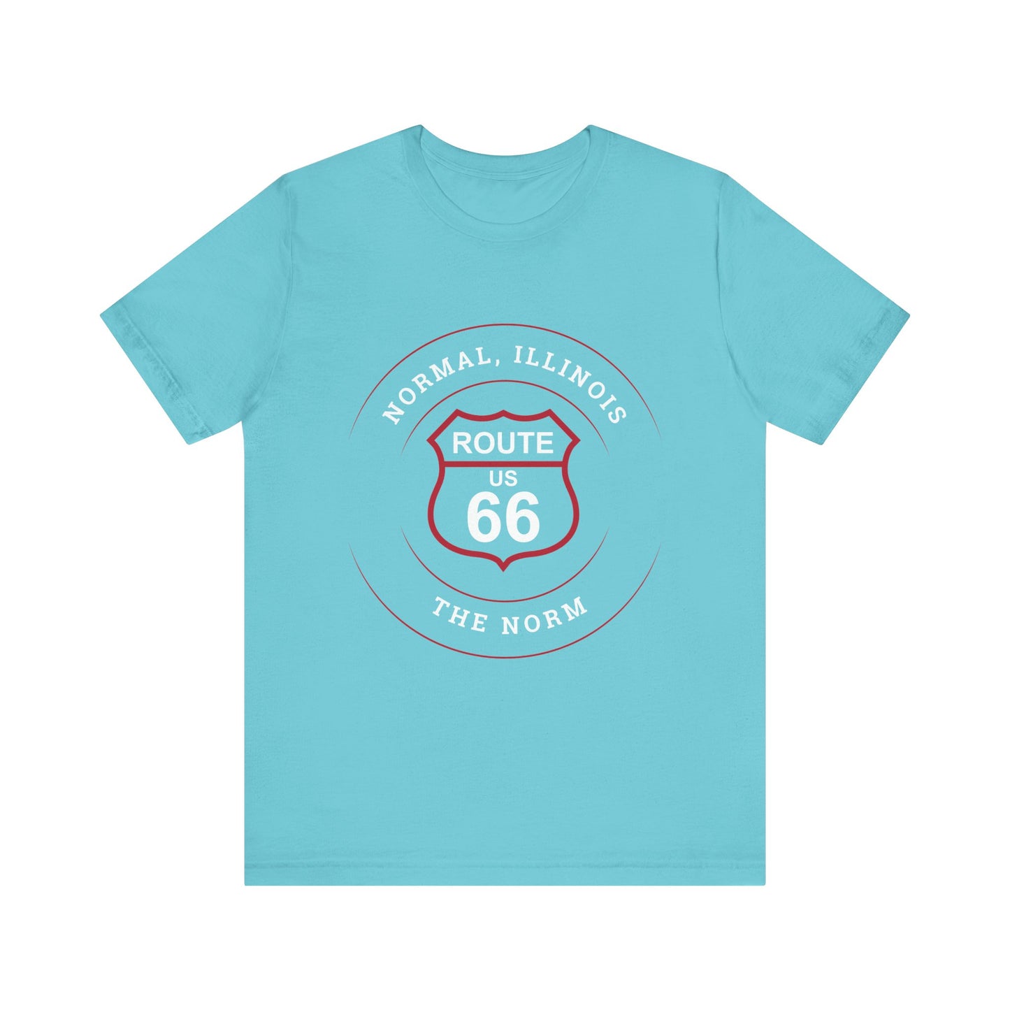 Turquoise retro Route 66 unisex jersey tee with Normal, IL: "The Norm" design