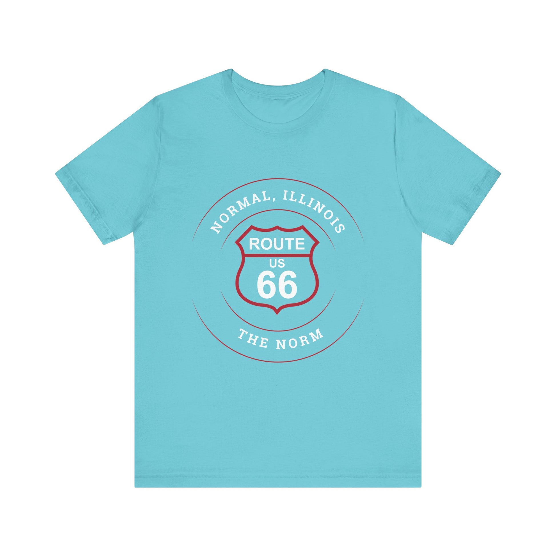 Turquoise retro Route 66 unisex jersey tee with Normal, IL: "The Norm" design