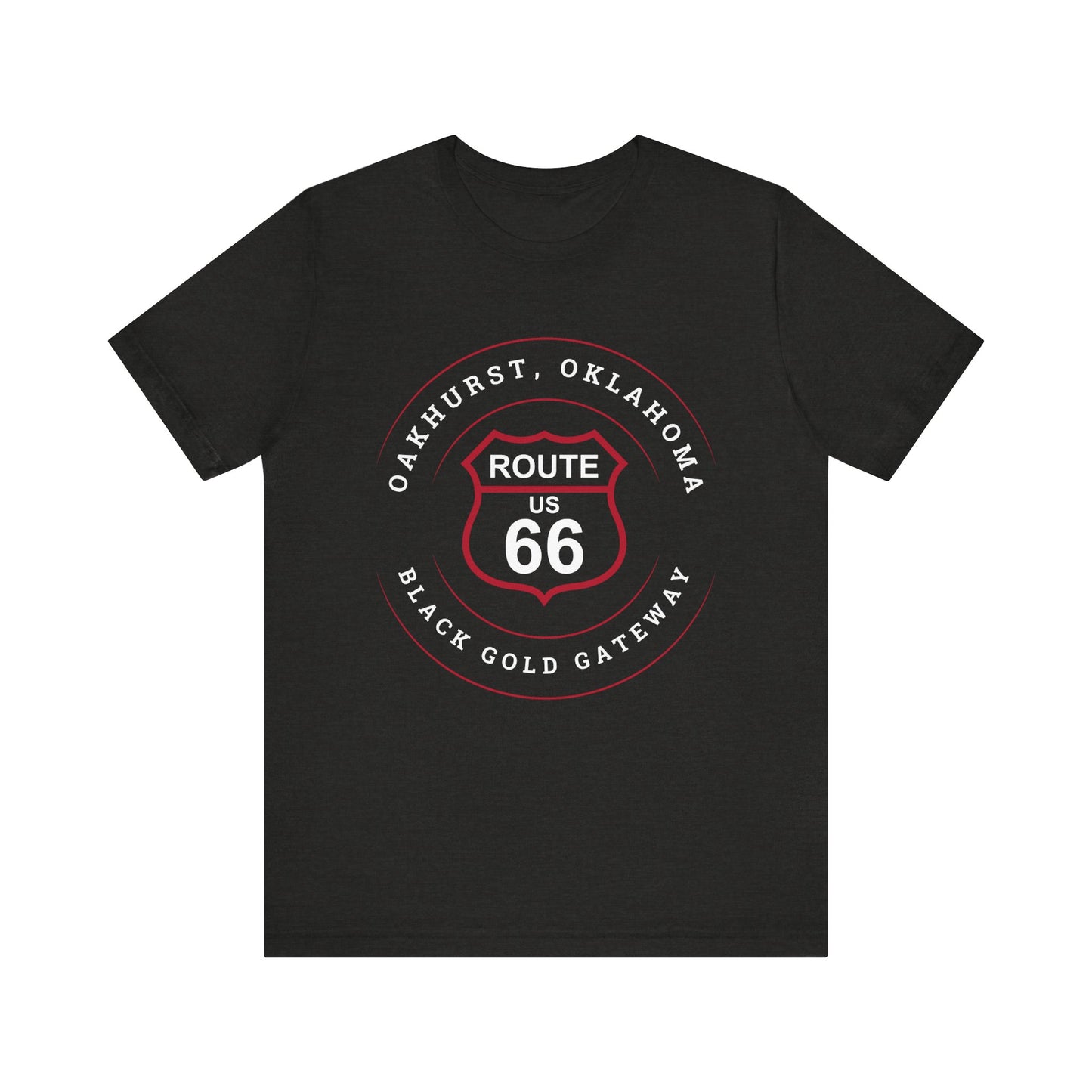 Black heather retro Route 66 unisex jersey tee with Oakhurst, OK "Black Gold Gateway" design