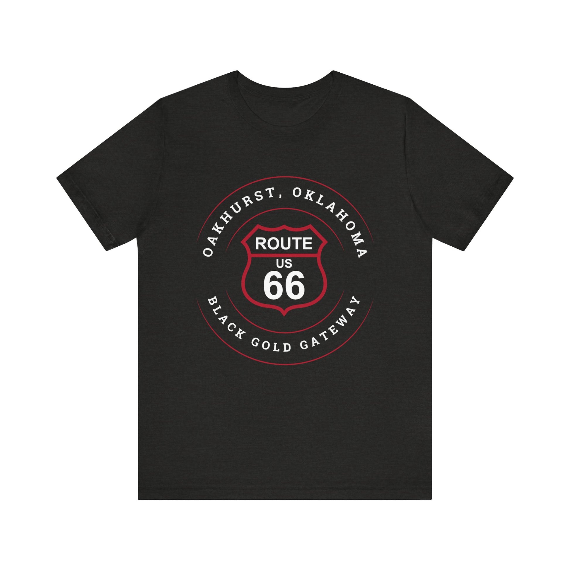 Black heather retro Route 66 unisex jersey tee with Oakhurst, OK "Black Gold Gateway" design