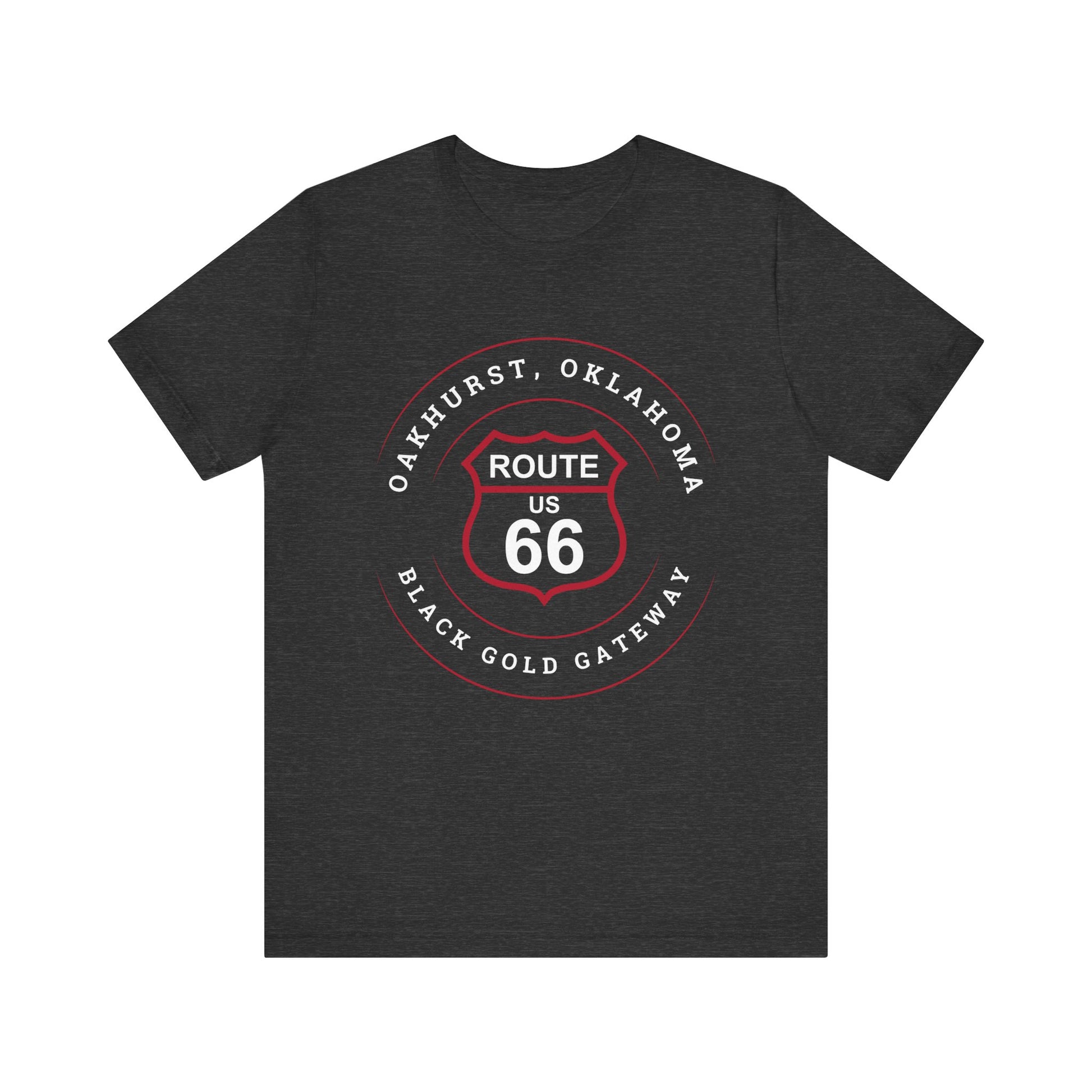 Dark grey heather retro Route 66 unisex jersey tee with Oakhurst, OK "Black Gold Gateway" design