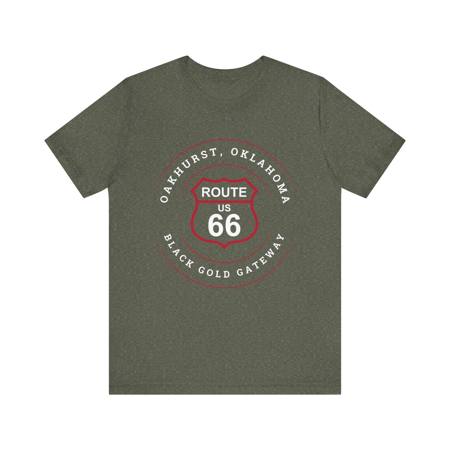 Heather military green retro Route 66 unisex jersey tee with Oakhurst, OK "Black Gold Gateway" design