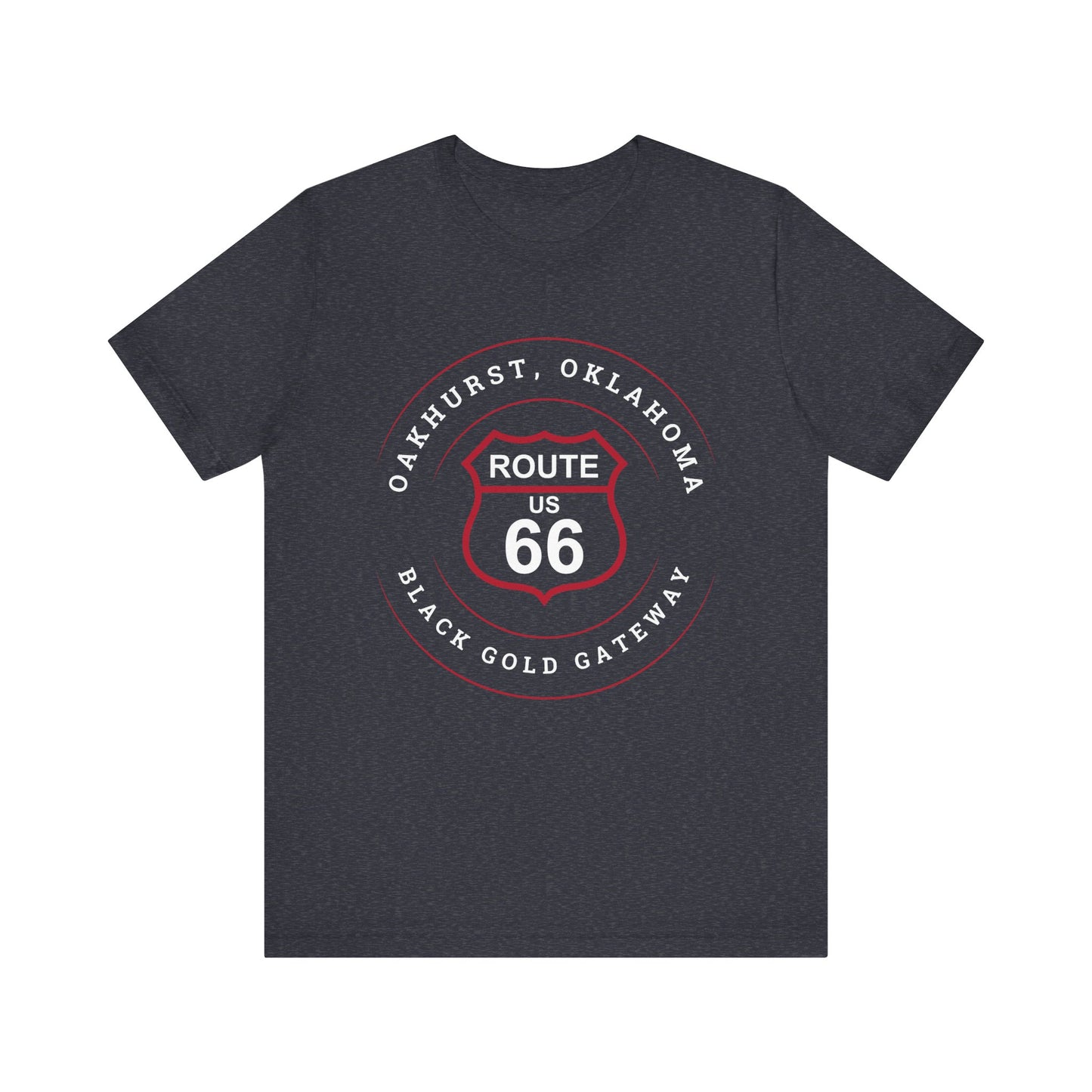 Heather navy retro Route 66 unisex jersey tee with Oakhurst, OK "Black Gold Gateway" design