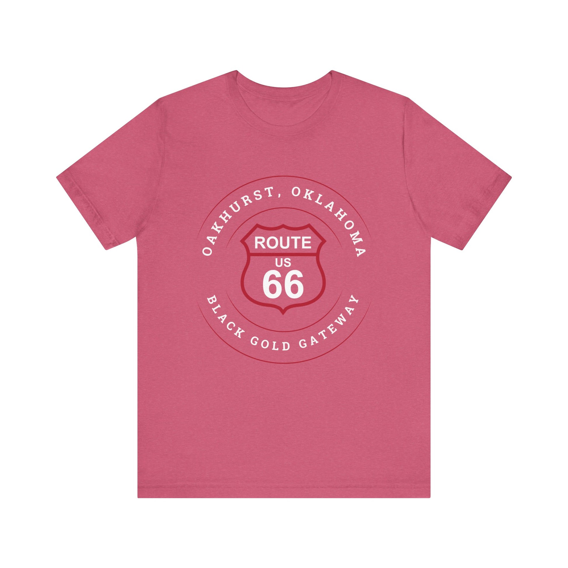 Heather raspberry retro Route 66 unisex jersey tee with Oakhurst, OK "Black Gold Gateway" design