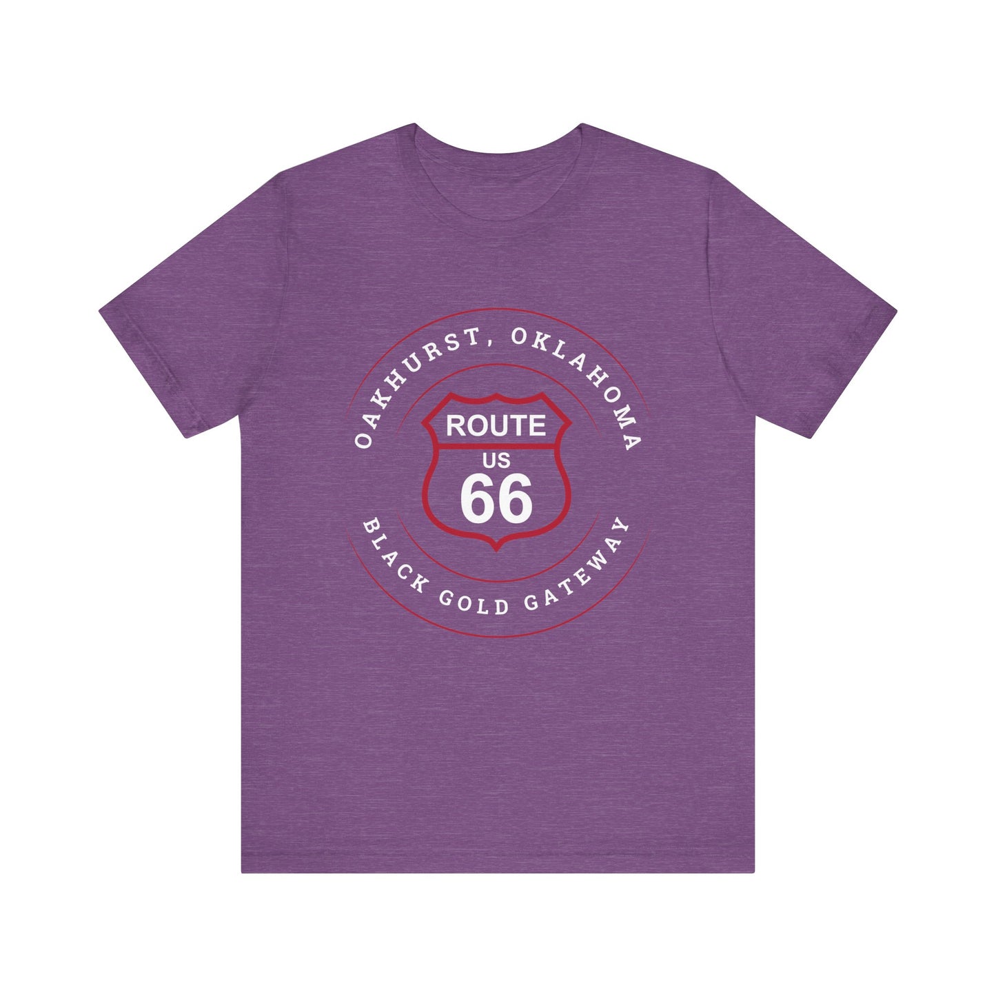 Heather team purple retro Route 66 unisex jersey tee with Oakhurst, OK "Black Gold Gateway" design