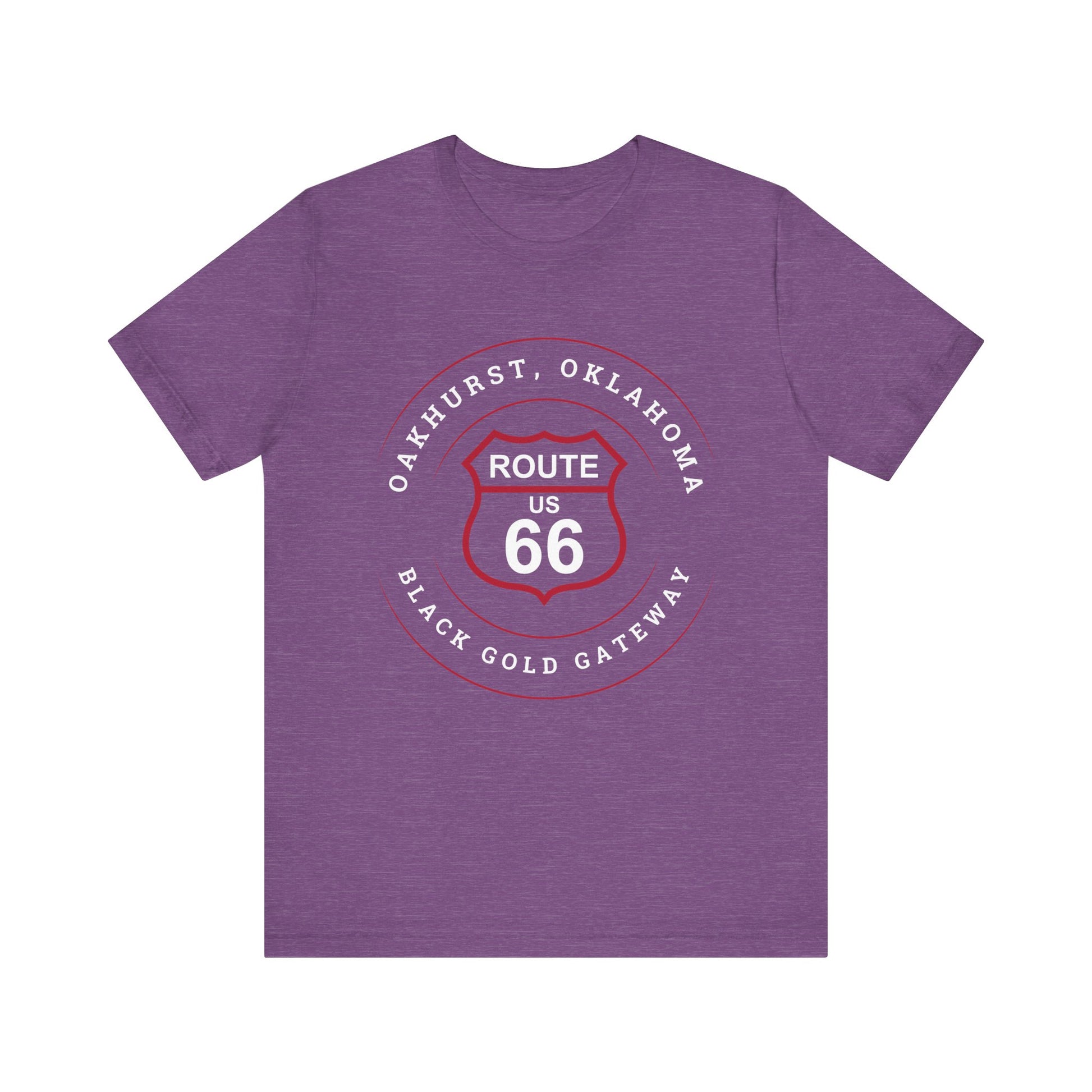 Heather team purple retro Route 66 unisex jersey tee with Oakhurst, OK "Black Gold Gateway" design
