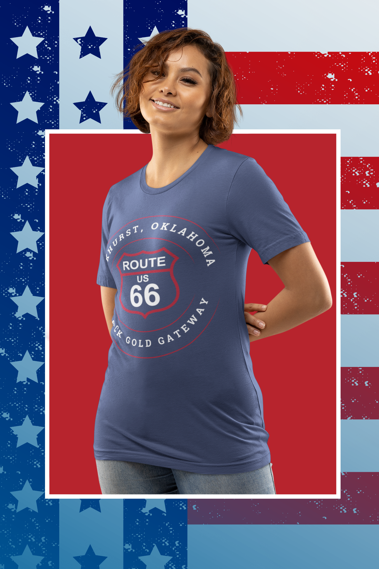 Smiling woman wearing a heather true royal retro Route 66 unisex jersey tee with Oakhurst, OK "Black Gold Gateway" design, standing against a red background with patriotic stars-and-stripes border