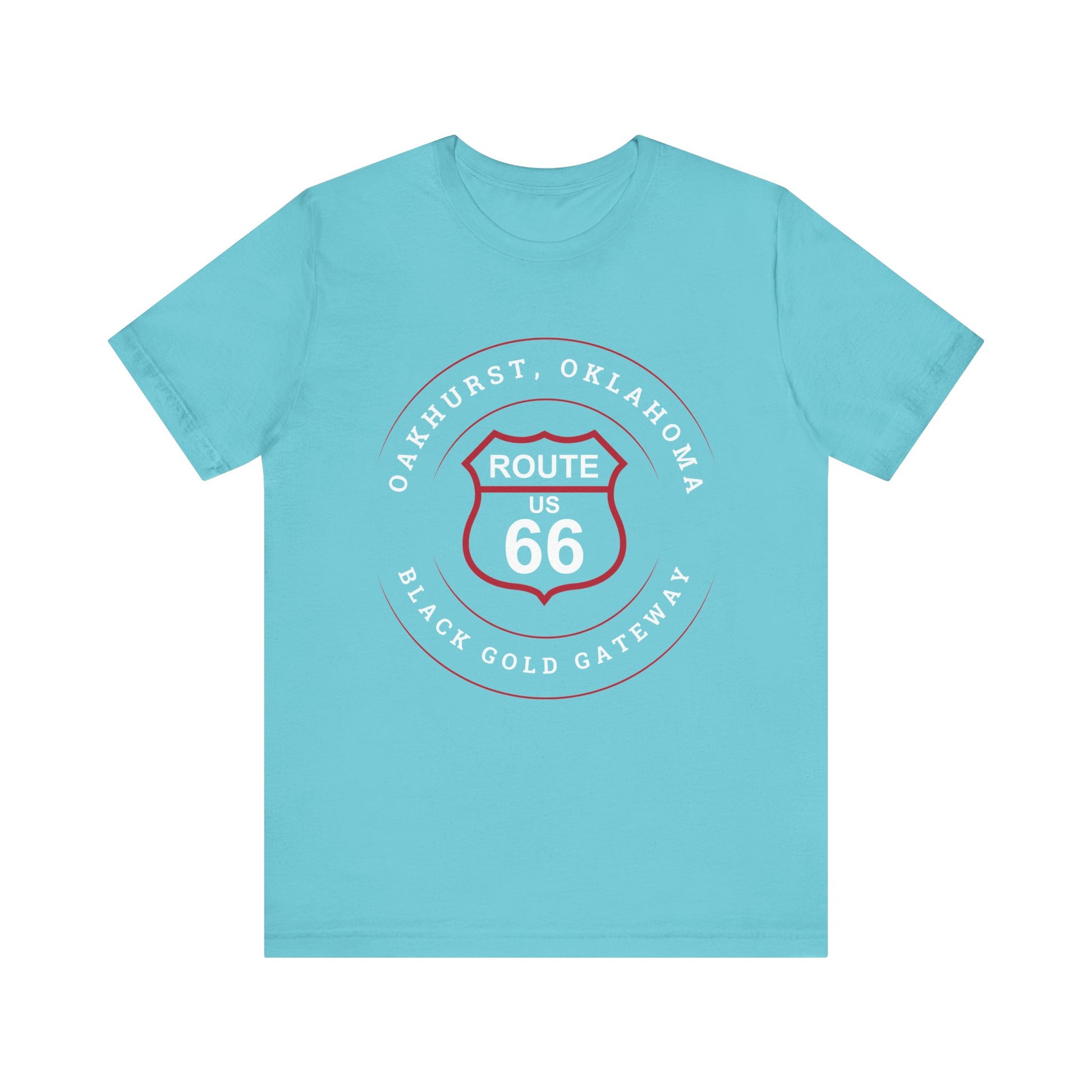 Turquoise retro Route 66 unisex jersey tee with Oakhurst, OK "Black Gold Gateway" design