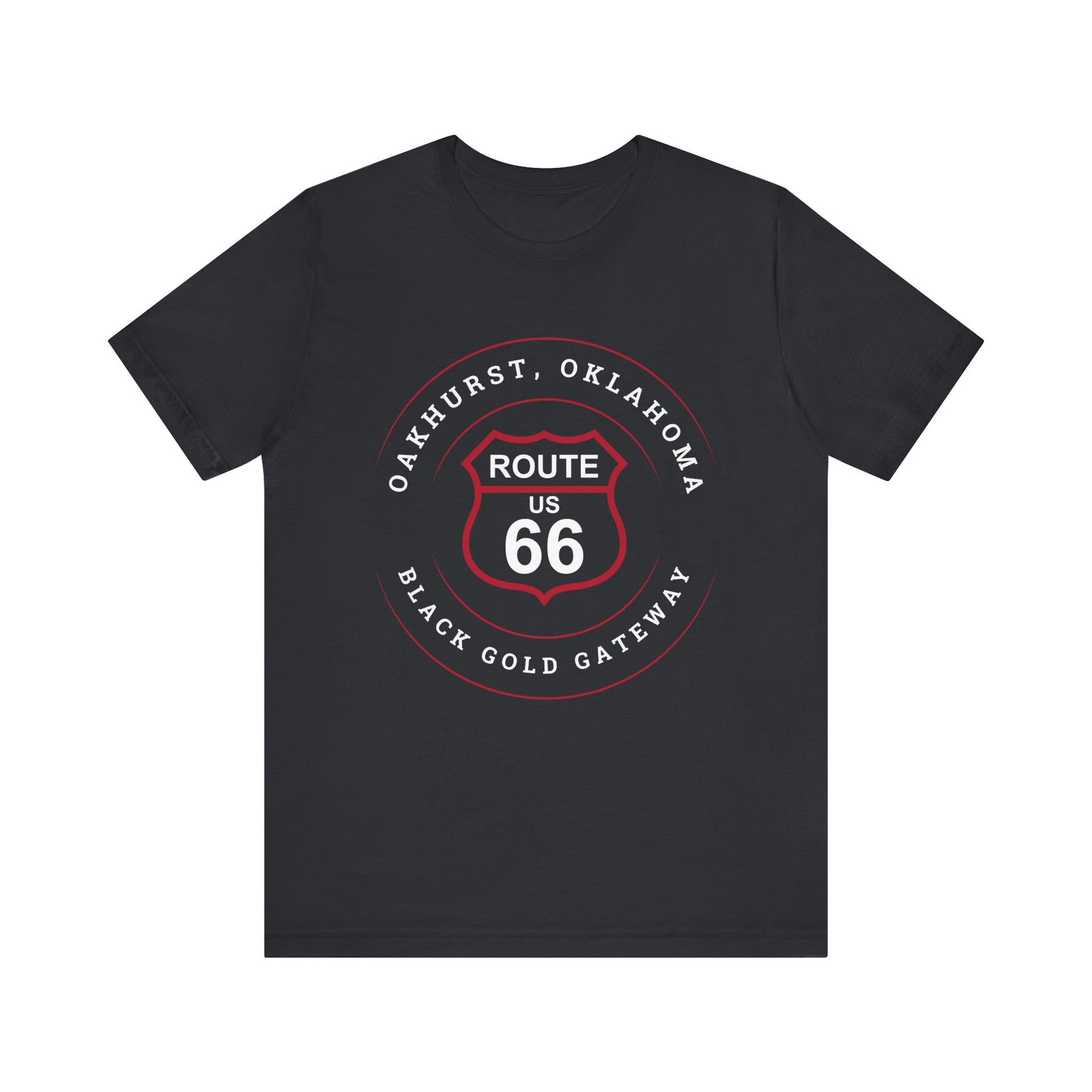 Vintage black retro Route 66 unisex jersey tee with Oakhurst, OK "Black Gold Gateway" design