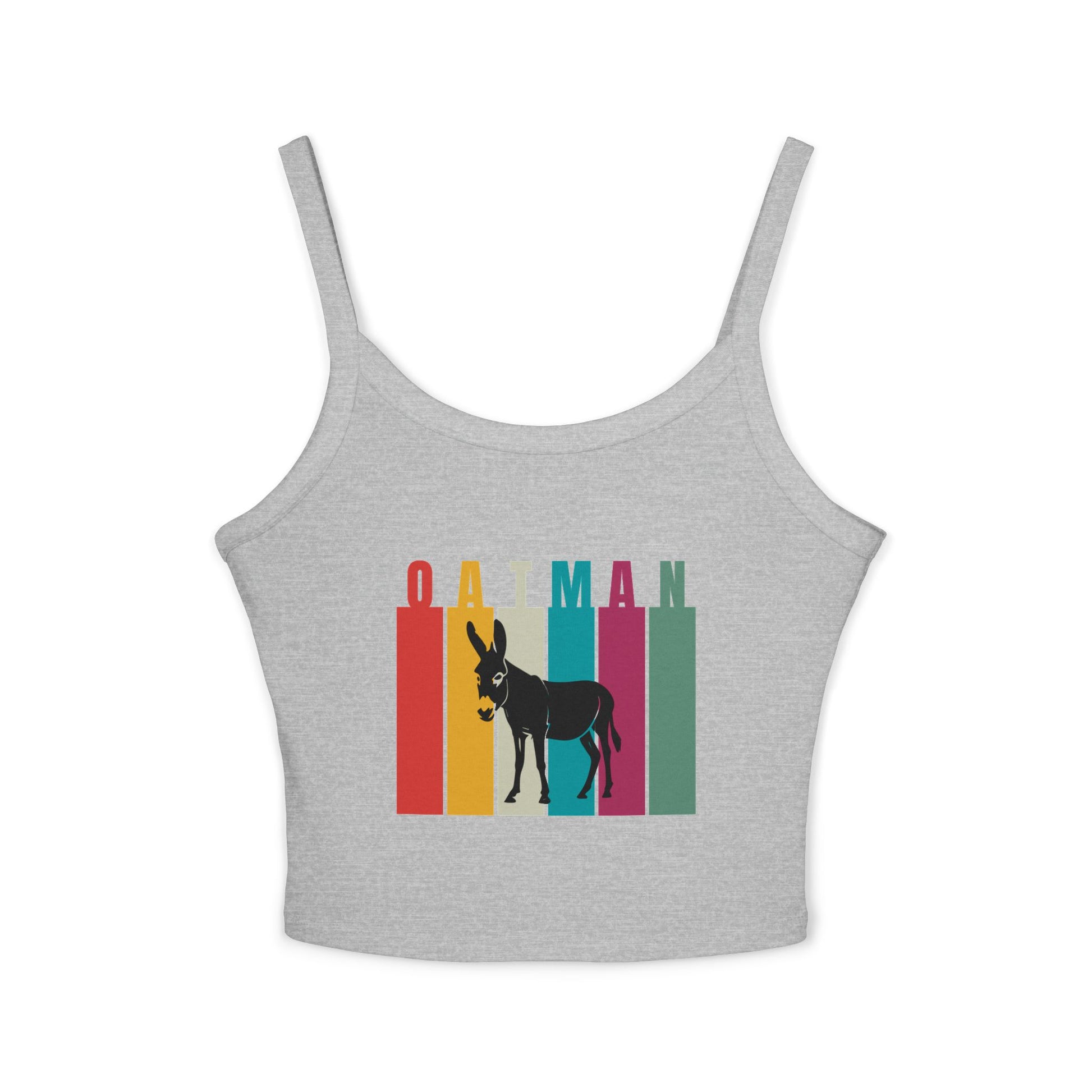 Athletic heather spaghetti strap tank top featuring Oatman, Arizona wild donkey design with retro rainbow stripes - it's a perfect Route 66 souvenir or rodeo outfit