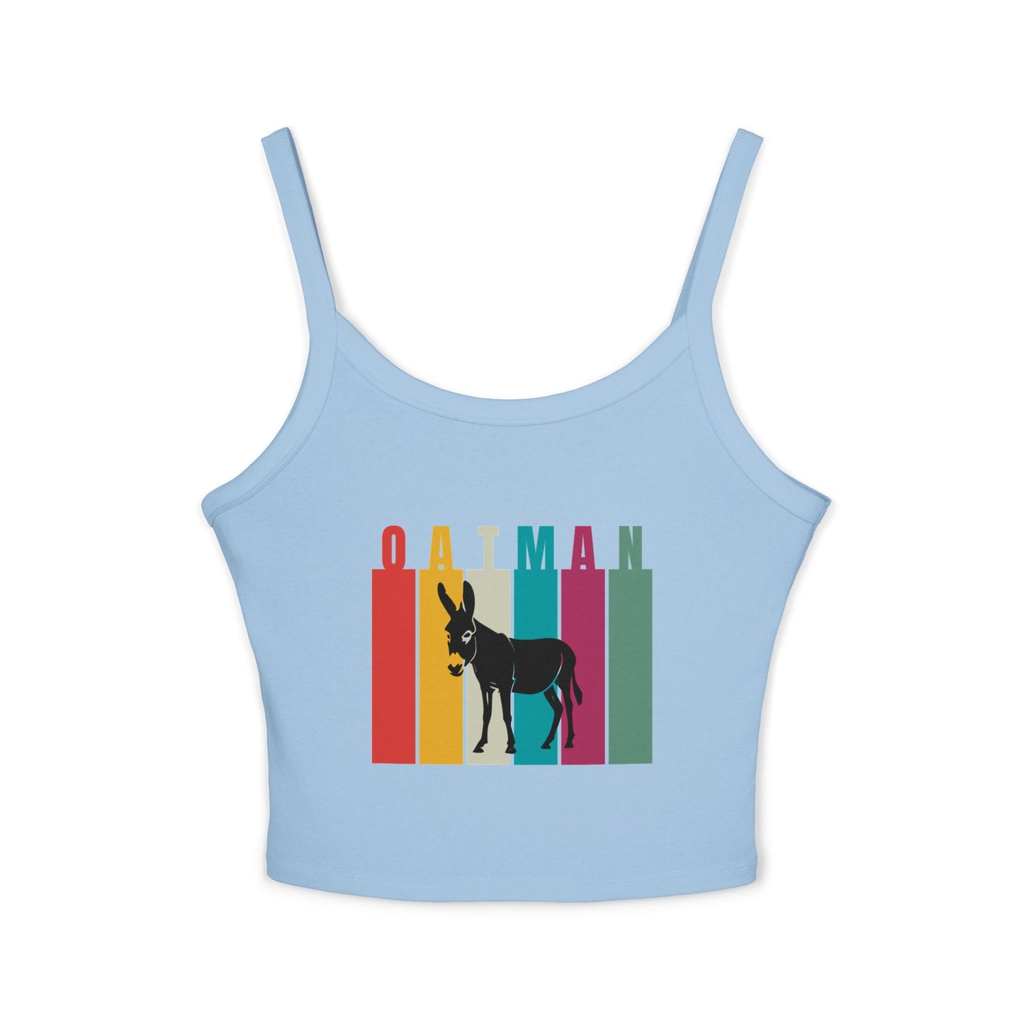 Solid baby blue blend spaghetti strap tank top featuring Oatman, Arizona wild donkey design with retro rainbow stripes - it's a perfect Route 66 souvenir or rodeo outfit