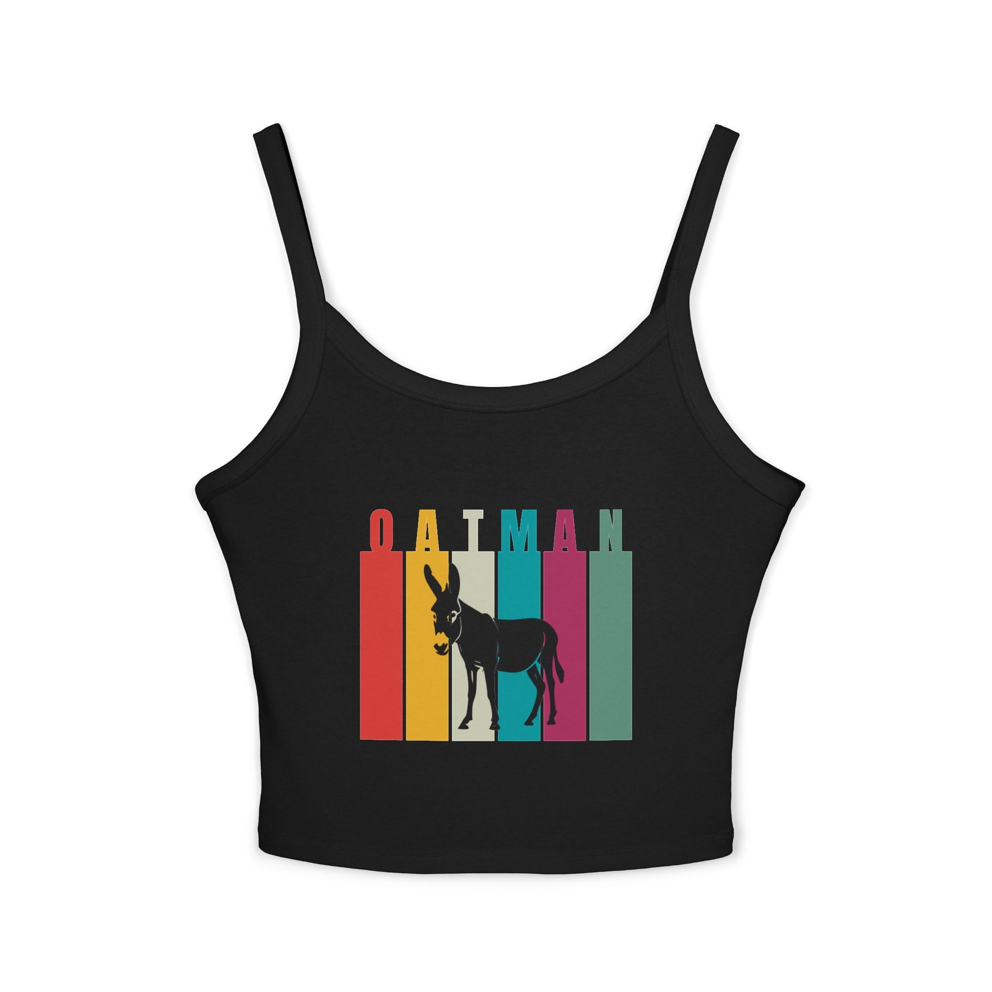 Solid black blend spaghetti strap tank top featuring Oatman, Arizona wild donkey design with retro rainbow stripes - it's a perfect Route 66 souvenir or rodeo outfit