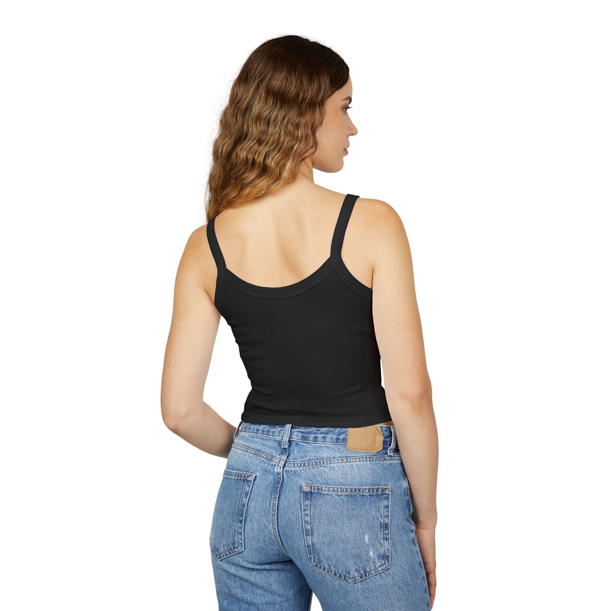 Back view of solid black blend Oatman Arizona Route 66 burro tank top: cropped fit with supportive spaghetti straps for a flattering summer look