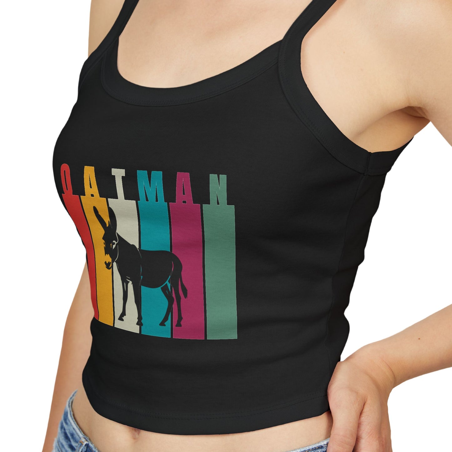 Close-up view of the model's chest, showcasing her Oatman, Arizona burro retro rainbow graphic on a solid black blend women's spaghetti strap tank top.