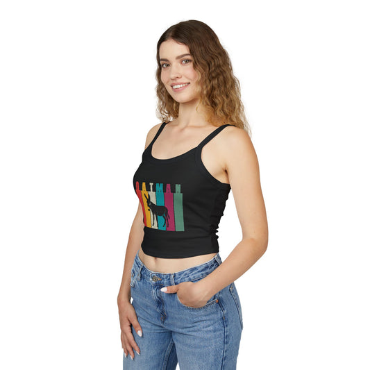 Model wearing solid black blend Oatman Arizona Route 66 burro tank top: vintage-inspired rainbow desert design ideal for road trips, concerts and casual wear.