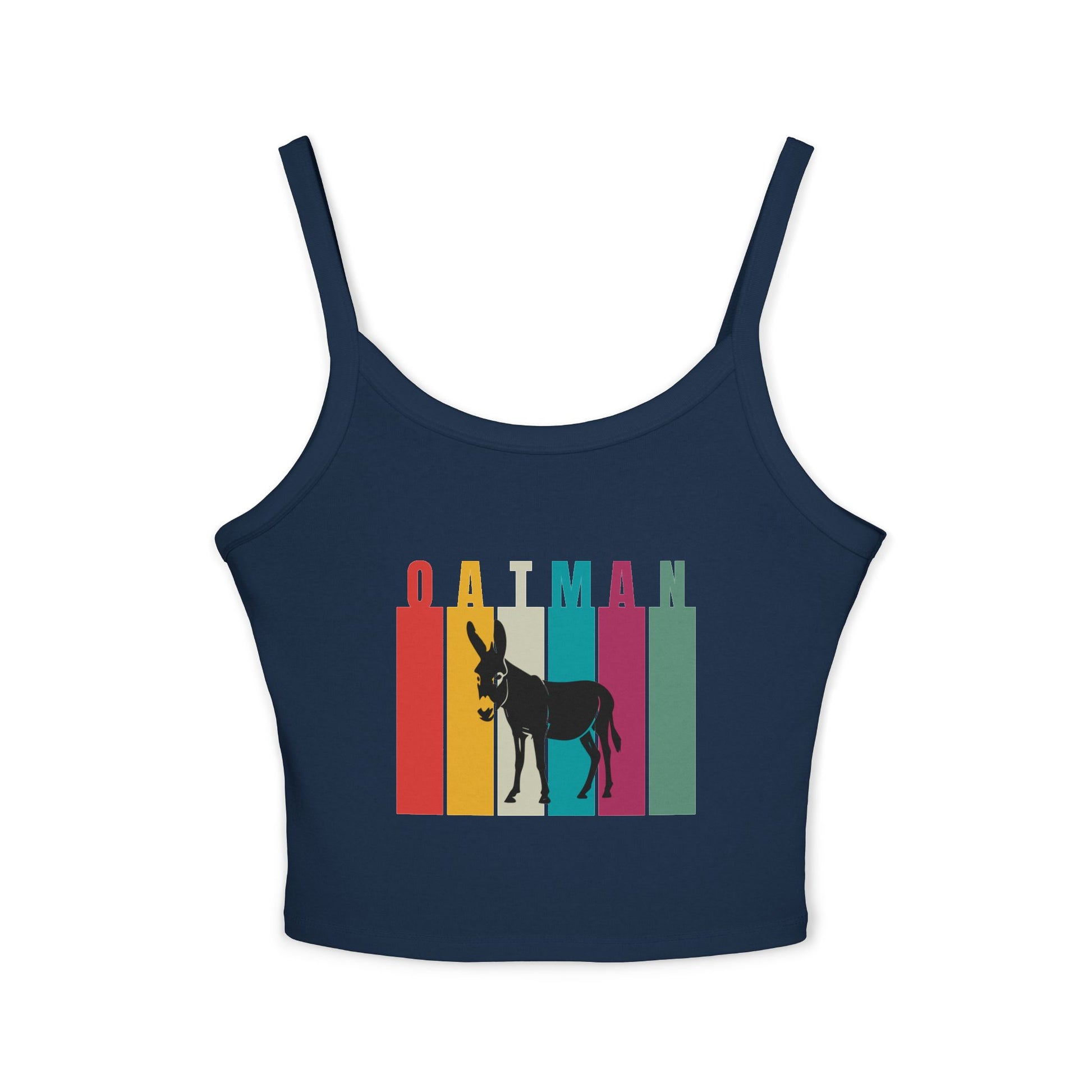 Solid navy blend spaghetti strap tank top featuring Oatman, Arizona wild donkey design with retro rainbow stripes - it's a perfect Route 66 souvenir or rodeo outfit