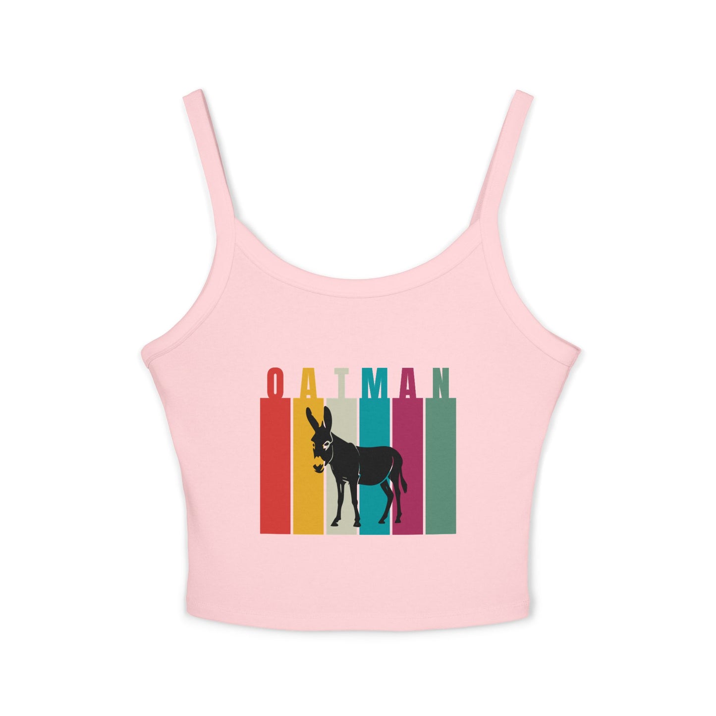 Solid pink blend spaghetti strap tank top featuring Oatman, Arizona wild donkey design with retro rainbow stripes - it's a perfect Route 66 souvenir or rodeo outfit