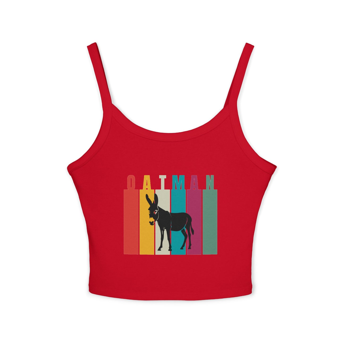 Solid red blend spaghetti strap tank top featuring Oatman, Arizona wild donkey design with retro rainbow stripes - it's a perfect Route 66 souvenir or rodeo outfit