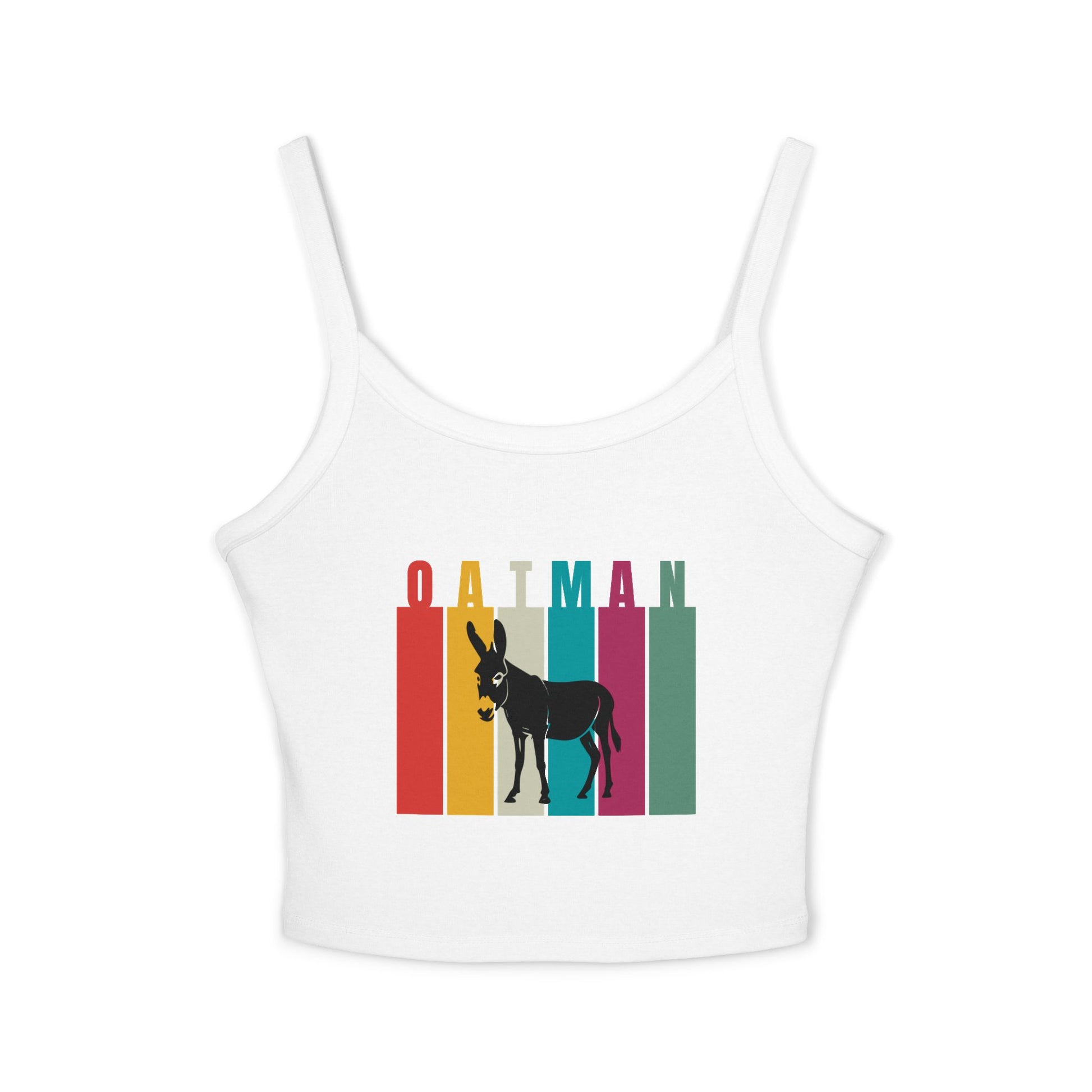 Solid white blend spaghetti strap tank top featuring Oatman, Arizona wild donkey design with retro rainbow stripes - it's a perfect Route 66 souvenir or rodeo outfit