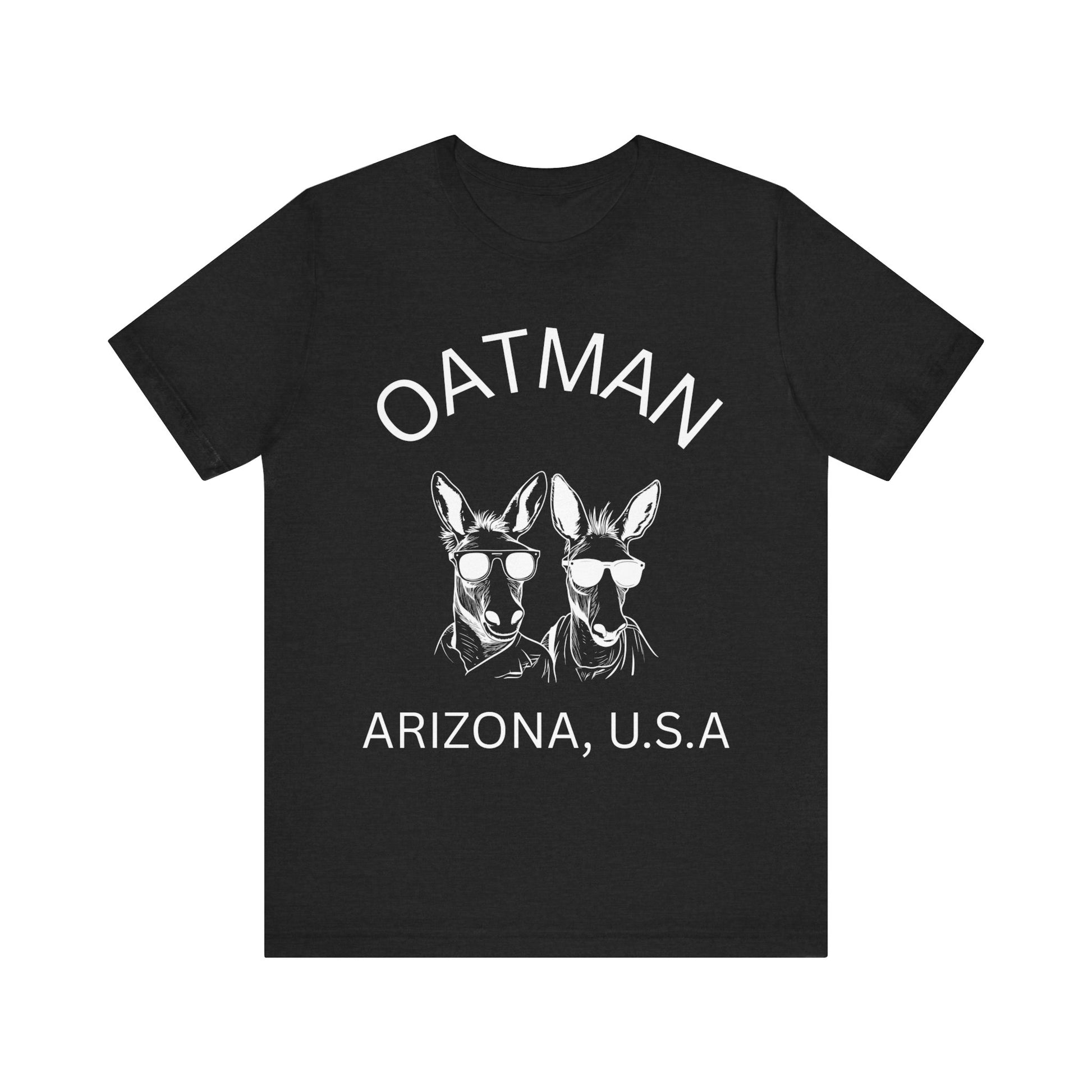 Two donkeys wearing sunglasses on a black retro unisex jersey tee with Oatman, AZ design