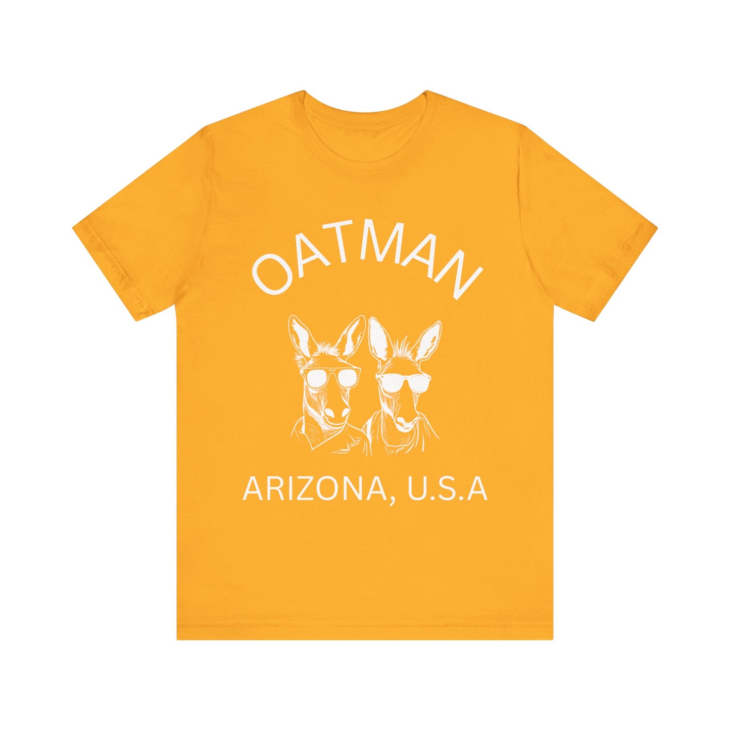 Two donkeys wearing sunglasses on a gold retro unisex jersey tee with Oatman, AZ design.