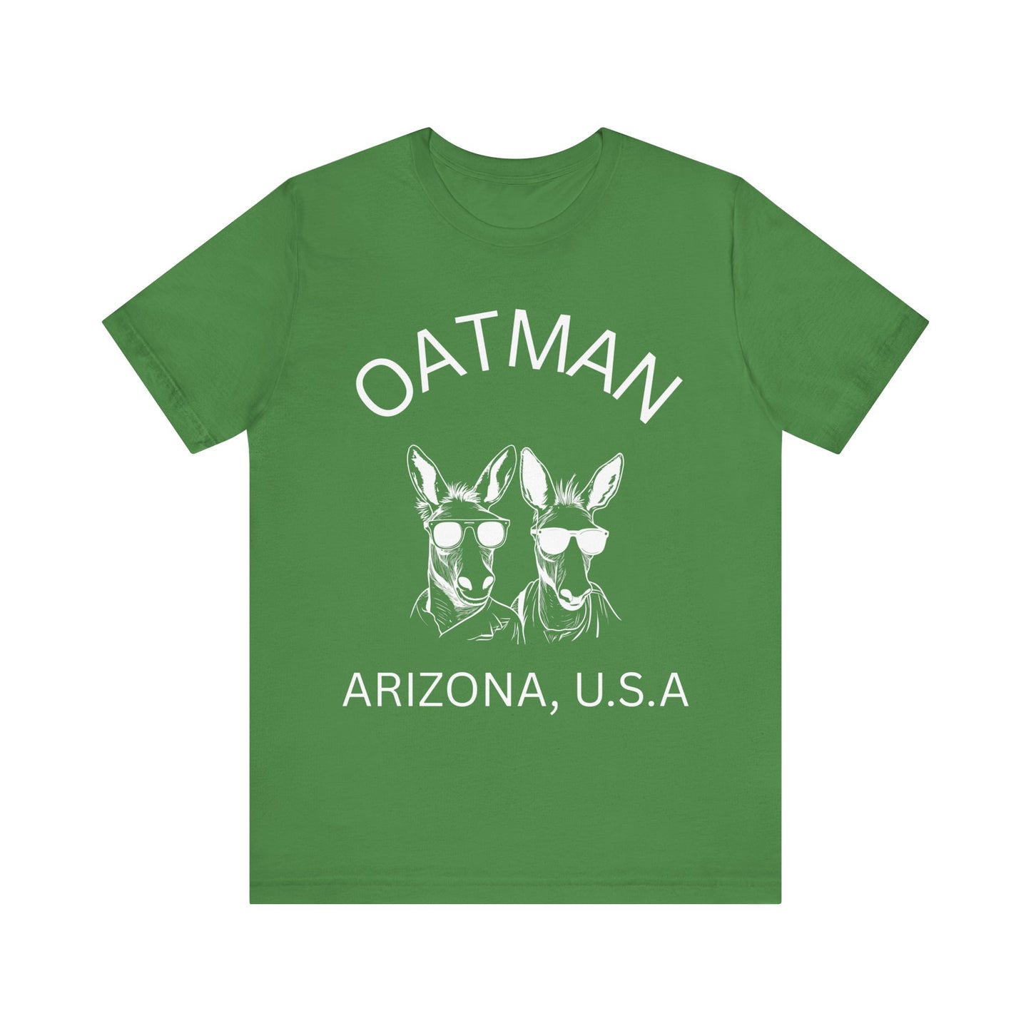 Two donkeys wearing sunglasses on a leaf retro unisex jersey tee with Oatman, AZ design.