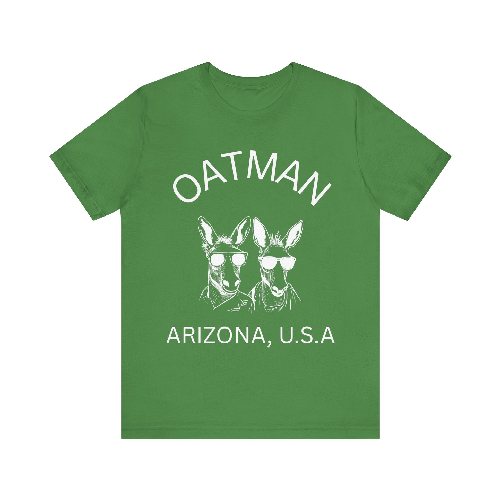 Two donkeys wearing sunglasses on a leaf retro unisex jersey tee with Oatman, AZ design.