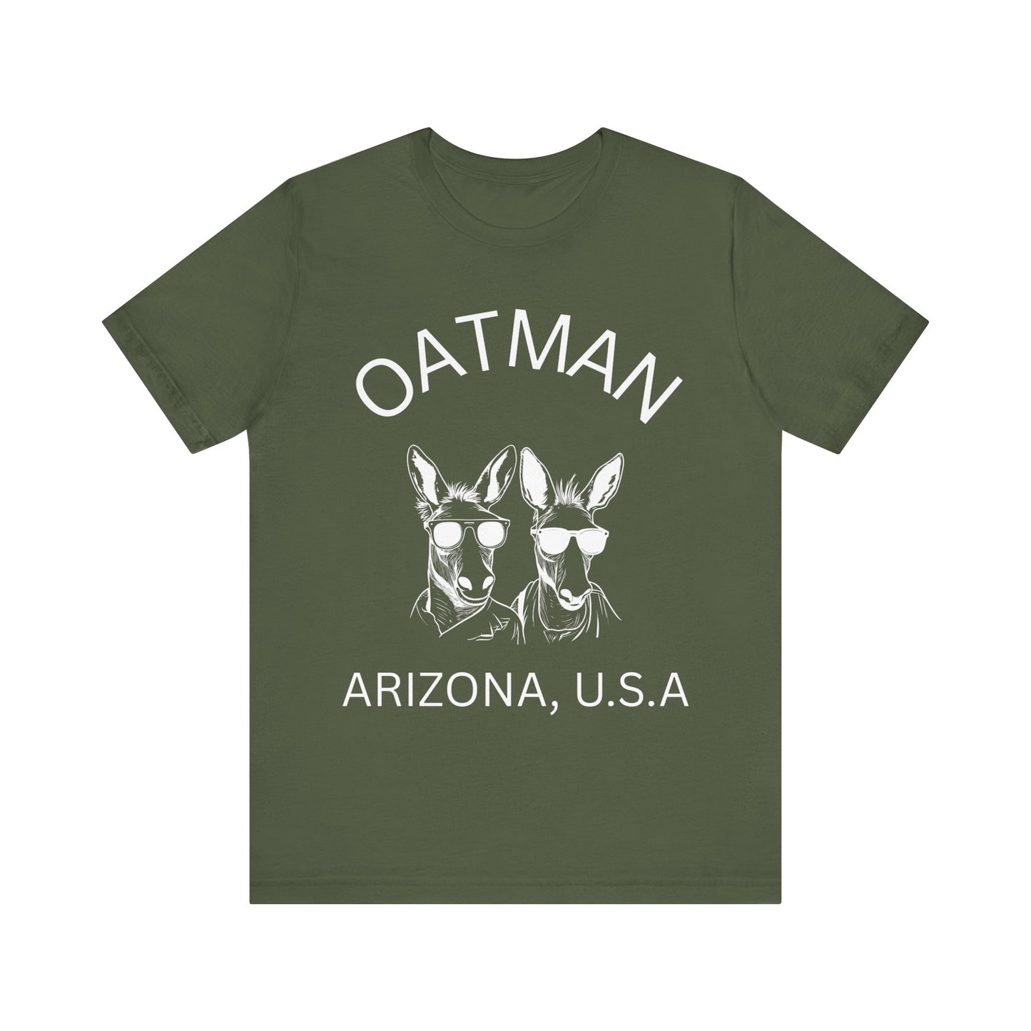 Two donkeys wearing sunglasses on a military green retro unisex jersey tee with Oatman, AZ design.