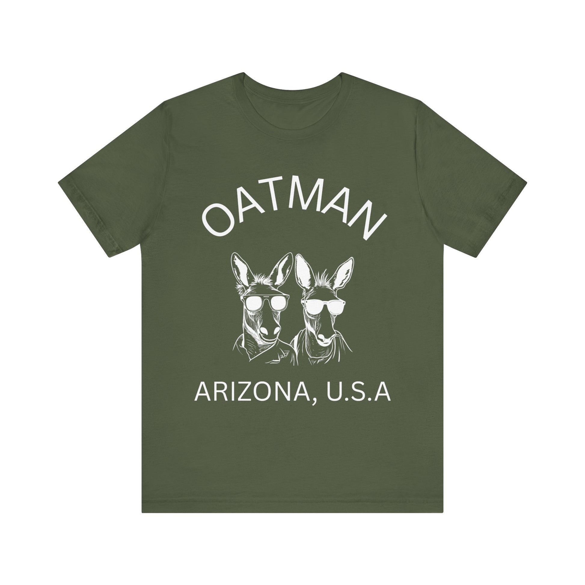 Two donkeys wearing sunglasses on a military green retro unisex jersey tee with Oatman, AZ design.