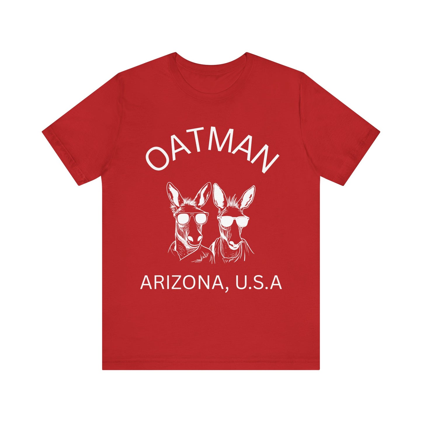Two donkeys wearing sunglasses on a red retro unisex jersey tee with Oatman, AZ design.