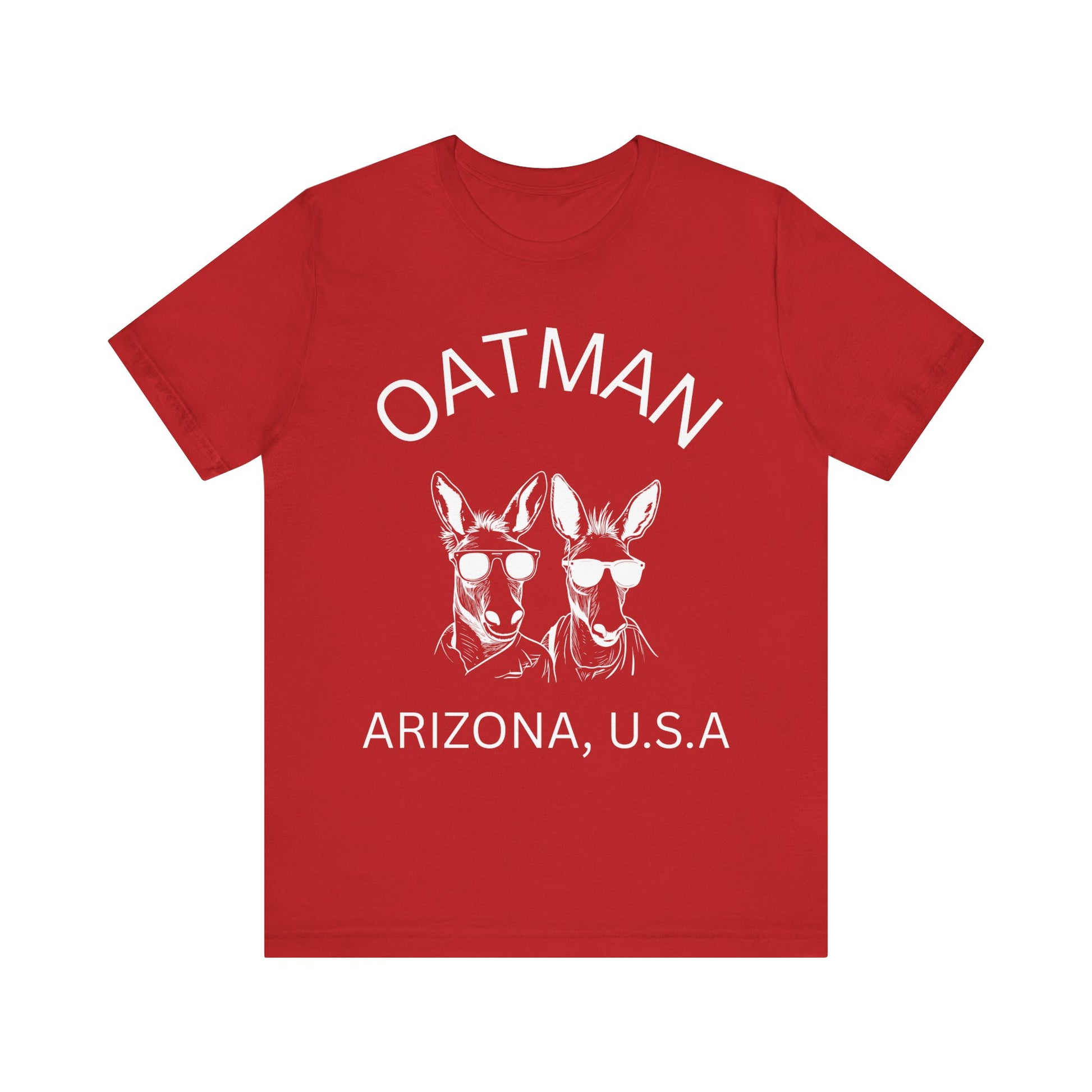 Two donkeys wearing sunglasses on a red retro unisex jersey tee with Oatman, AZ design.