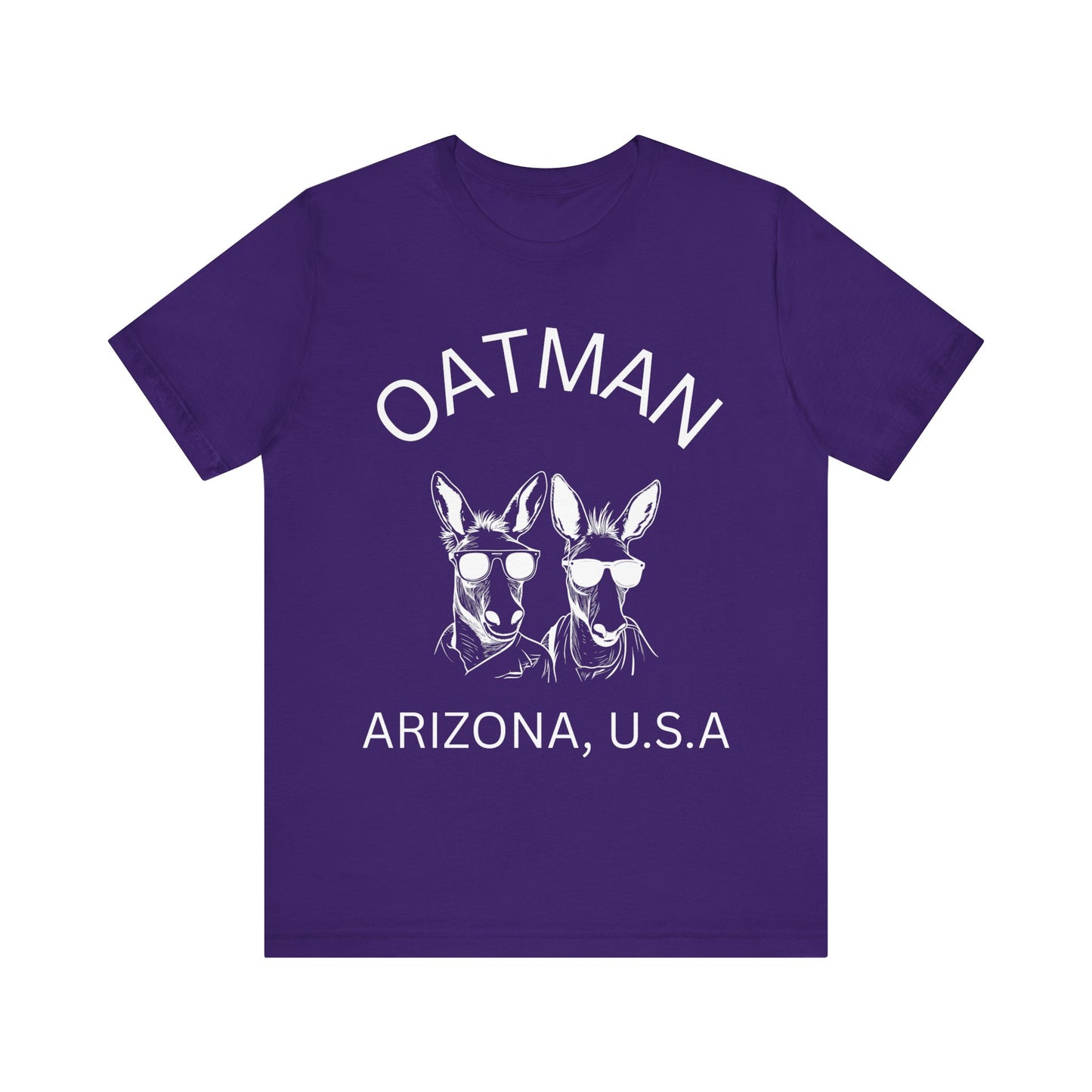 Two donkeys wearing sunglasses on a team purple retro unisex jersey tee with Oatman, AZ design.