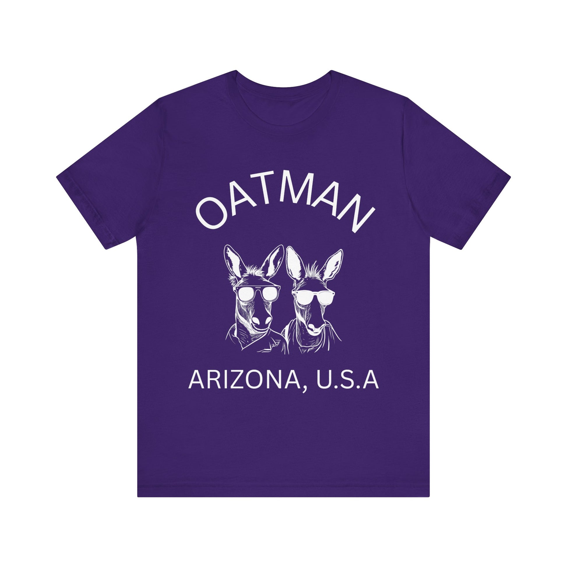 Two donkeys wearing sunglasses on a team purple retro unisex jersey tee with Oatman, AZ design.