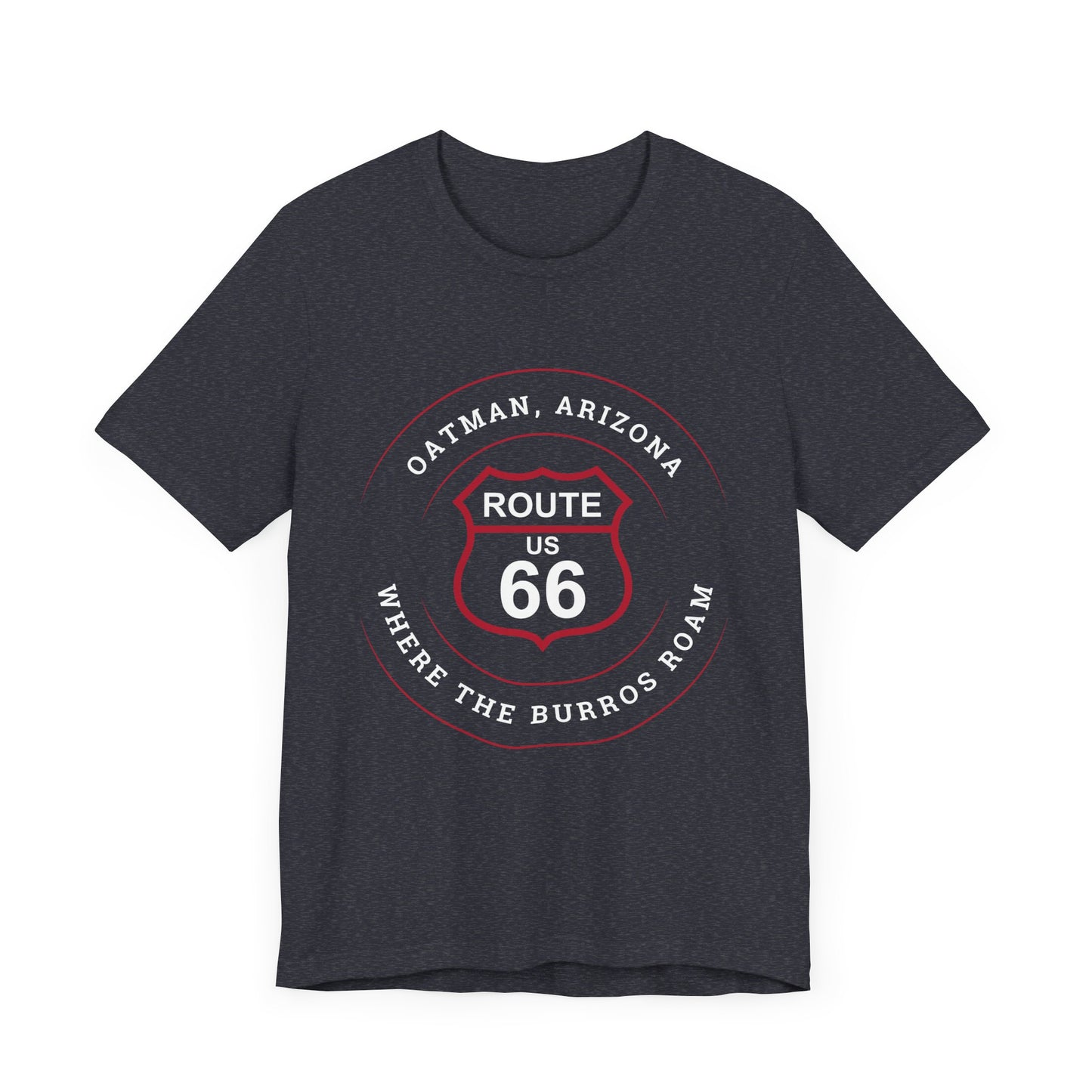 Heather navy retro Route 66 unisex jersey tee with Oatman, AZ: "Where the Burros Roam" design