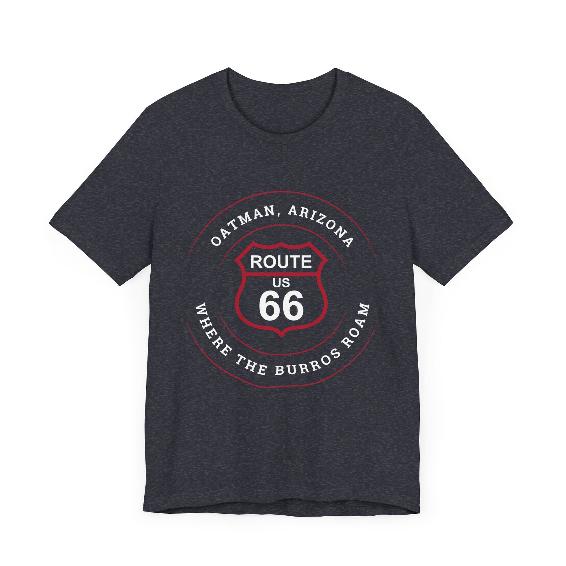 Heather navy retro Route 66 unisex jersey tee with Oatman, AZ: "Where the Burros Roam" design