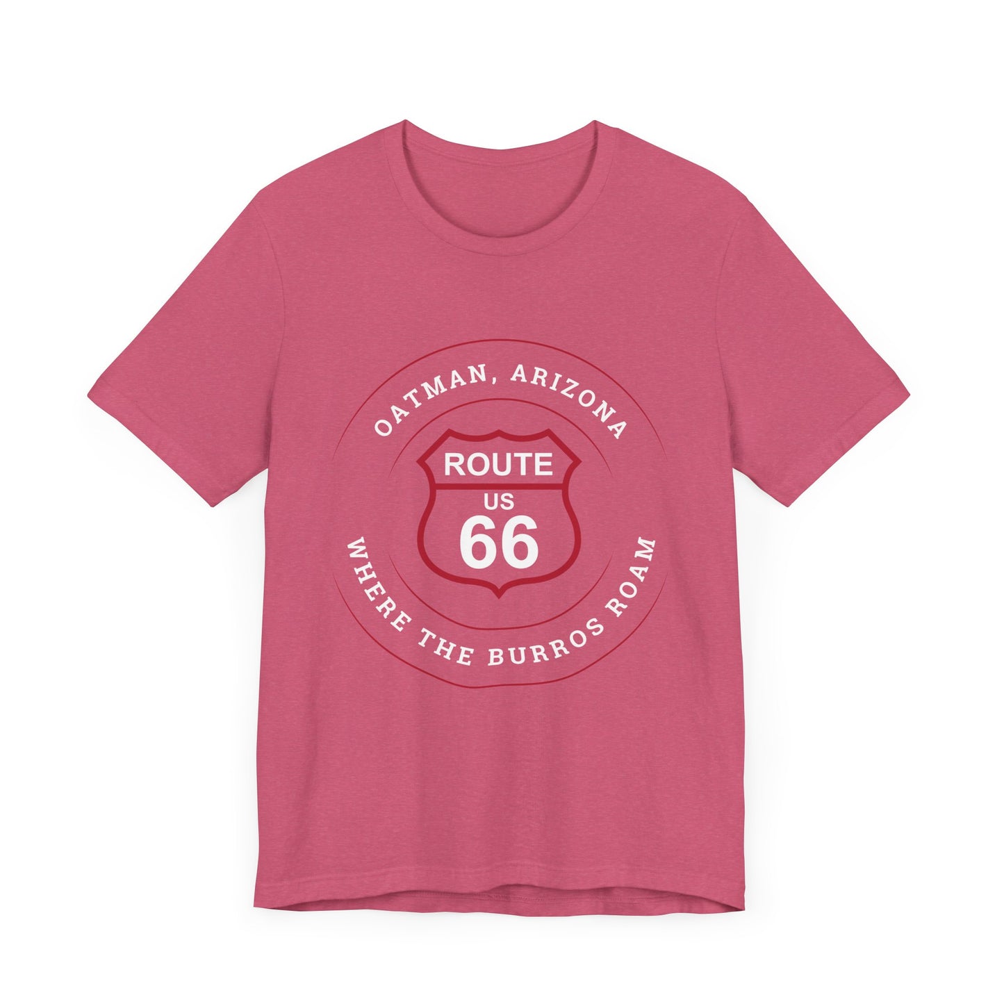 Heather raspberry retro Route 66 unisex jersey tee with Oatman, AZ: "Where the Burros Roam" design