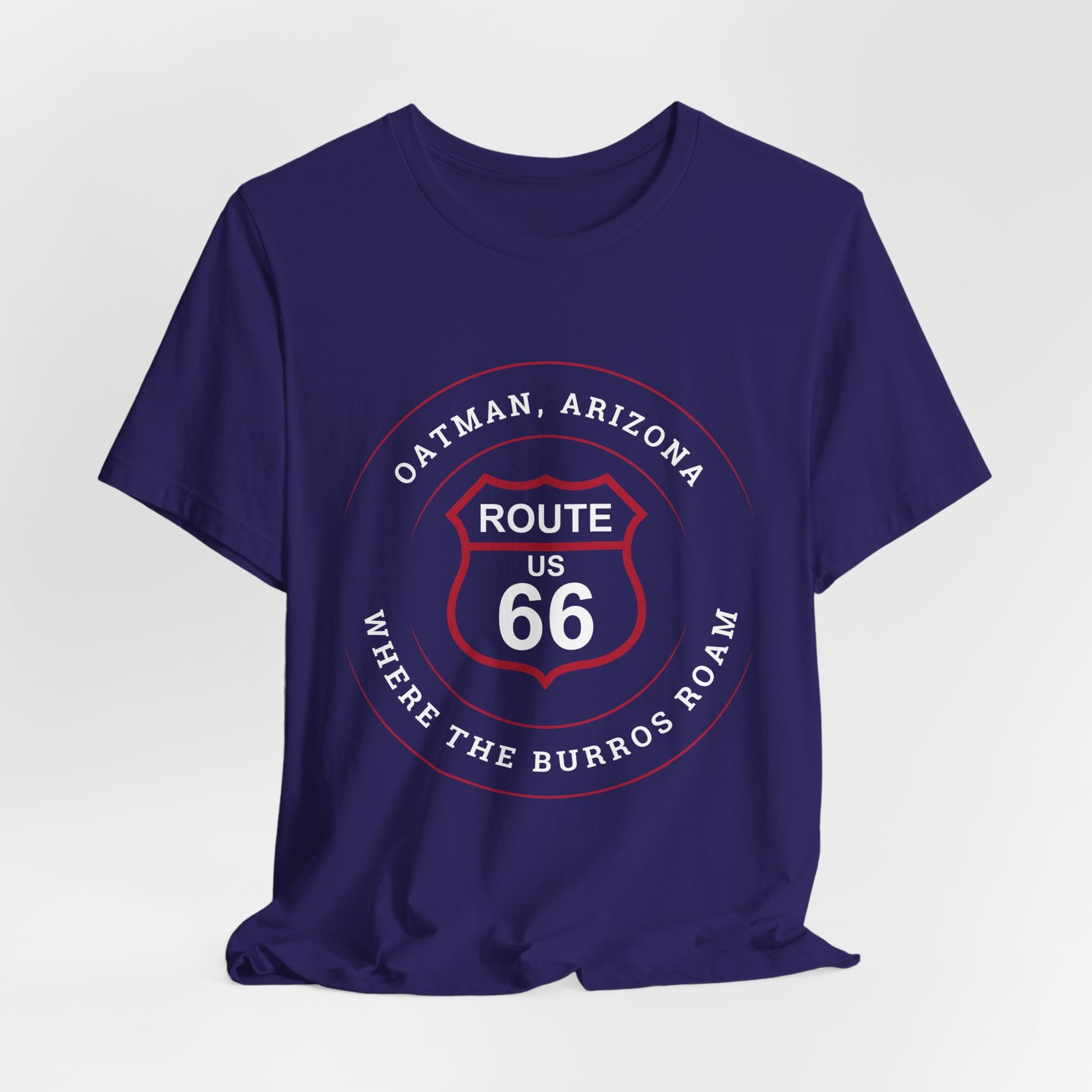 Team navy retro Route 66 unisex jersey tee with Oatman, AZ: "Where the Burros Roam" design