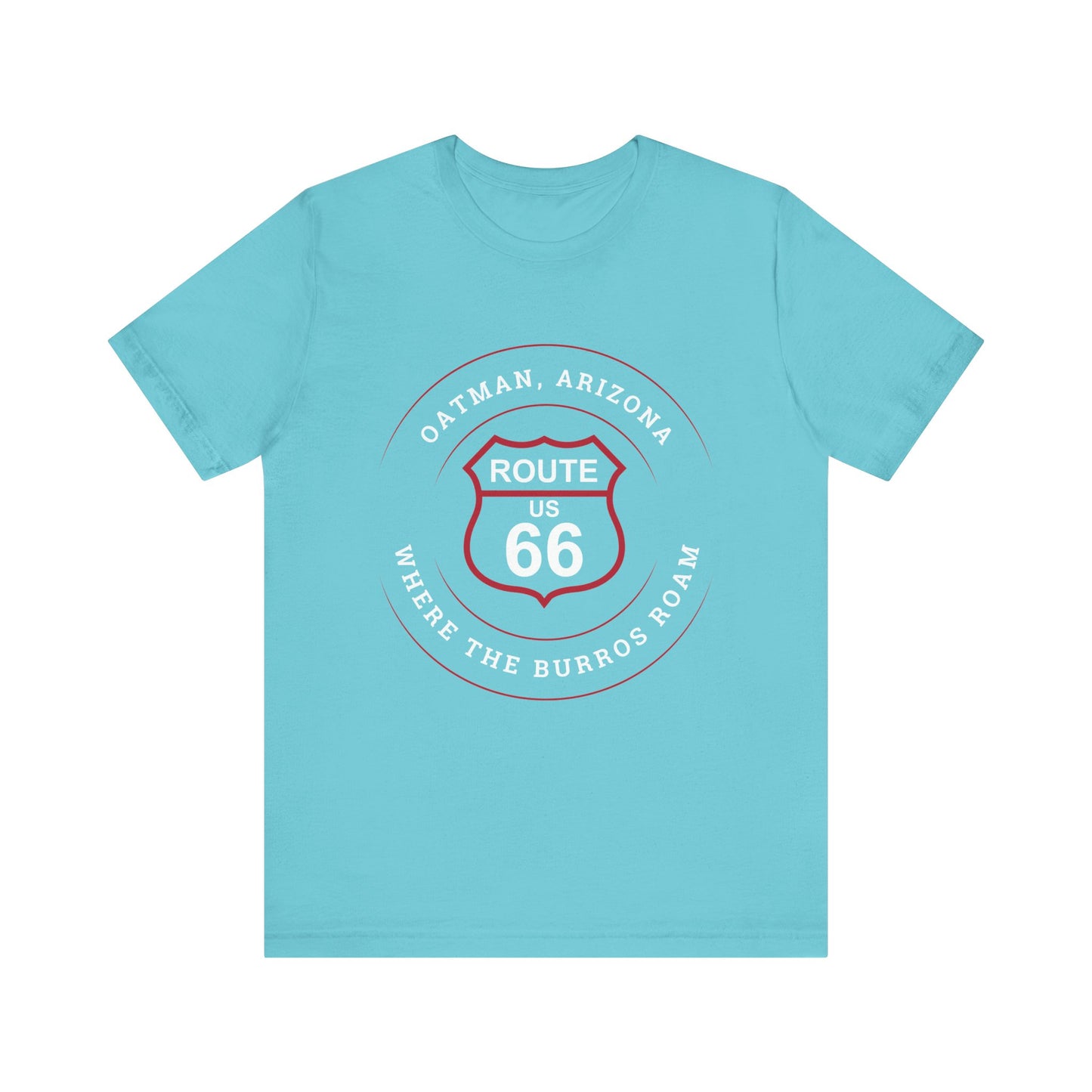 Turquoise retro Route 66 unisex jersey tee with Oatman, AZ: "Where the Burros Roam" design