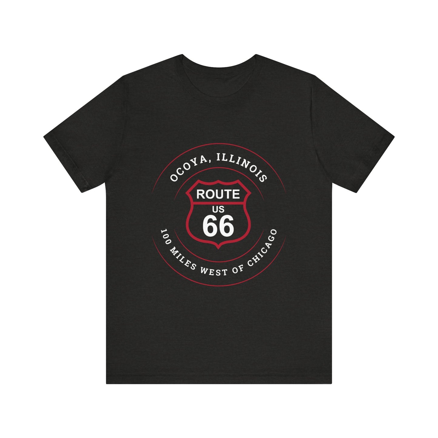 Black heather retro Route 66 unisex jersey tee with Ocoya, IL: "100 Miles West of Chicago" design