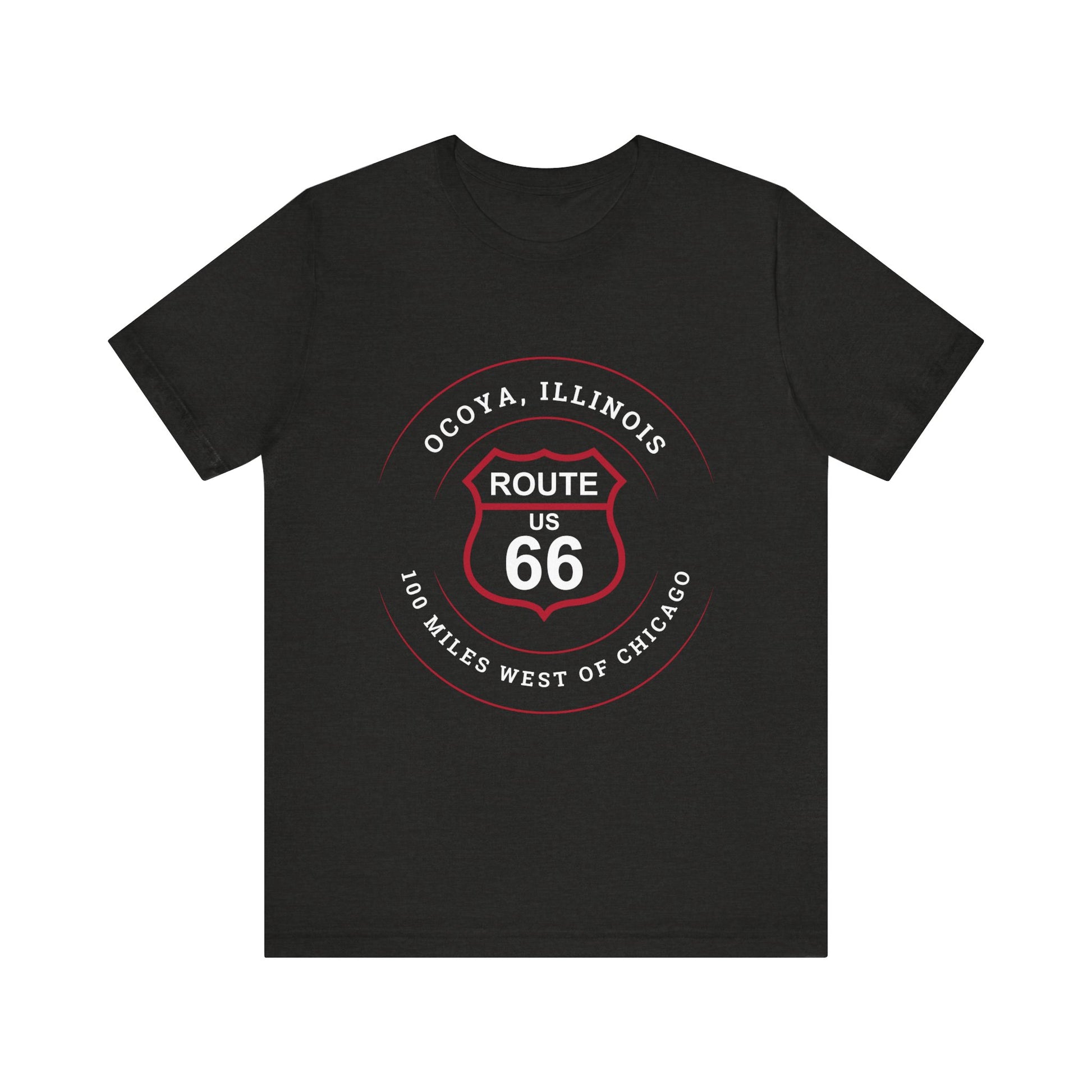 Black heather retro Route 66 unisex jersey tee with Ocoya, IL: "100 Miles West of Chicago" design