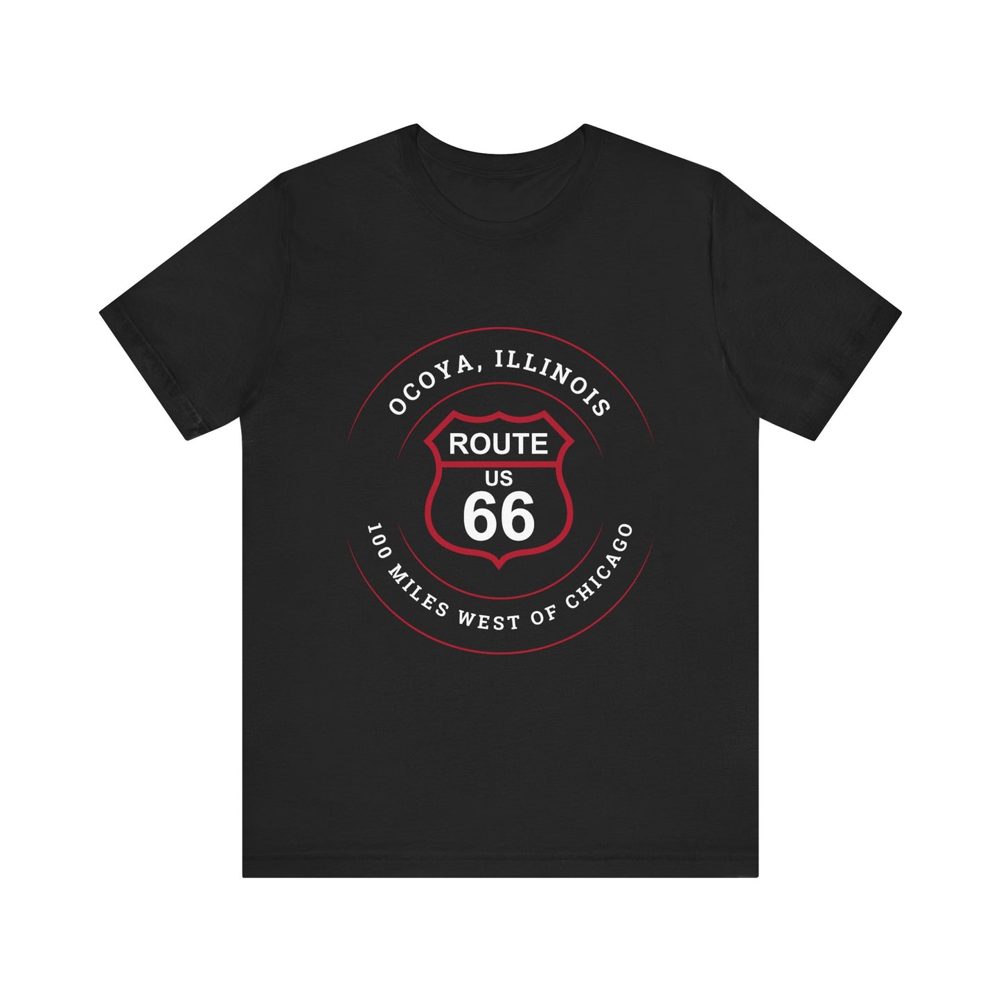Black retro Route 66 unisex jersey tee with Ocoya, IL: "100 Miles West of Chicago" design
