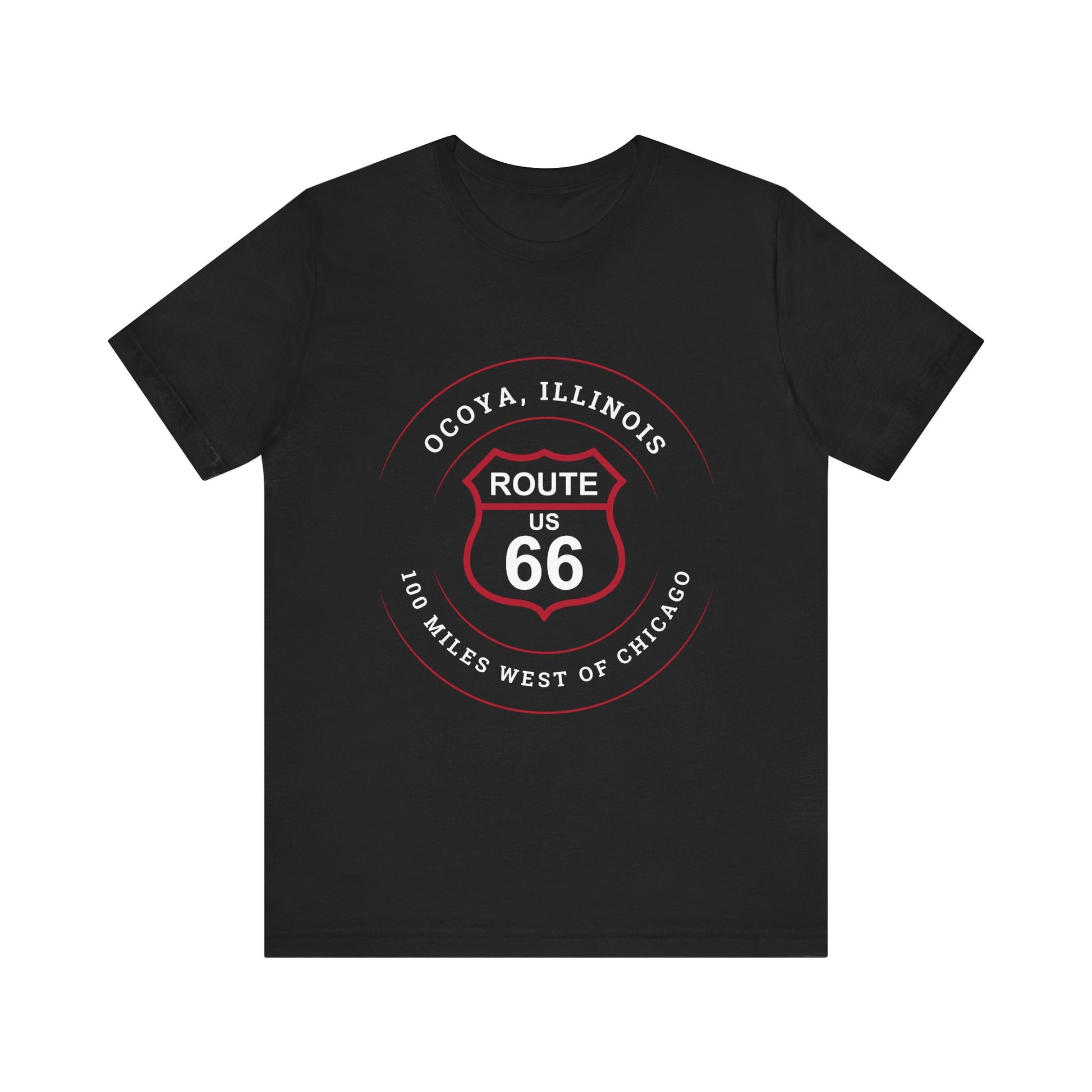 Black retro Route 66 unisex jersey tee with Ocoya, IL: "100 Miles West of Chicago" design